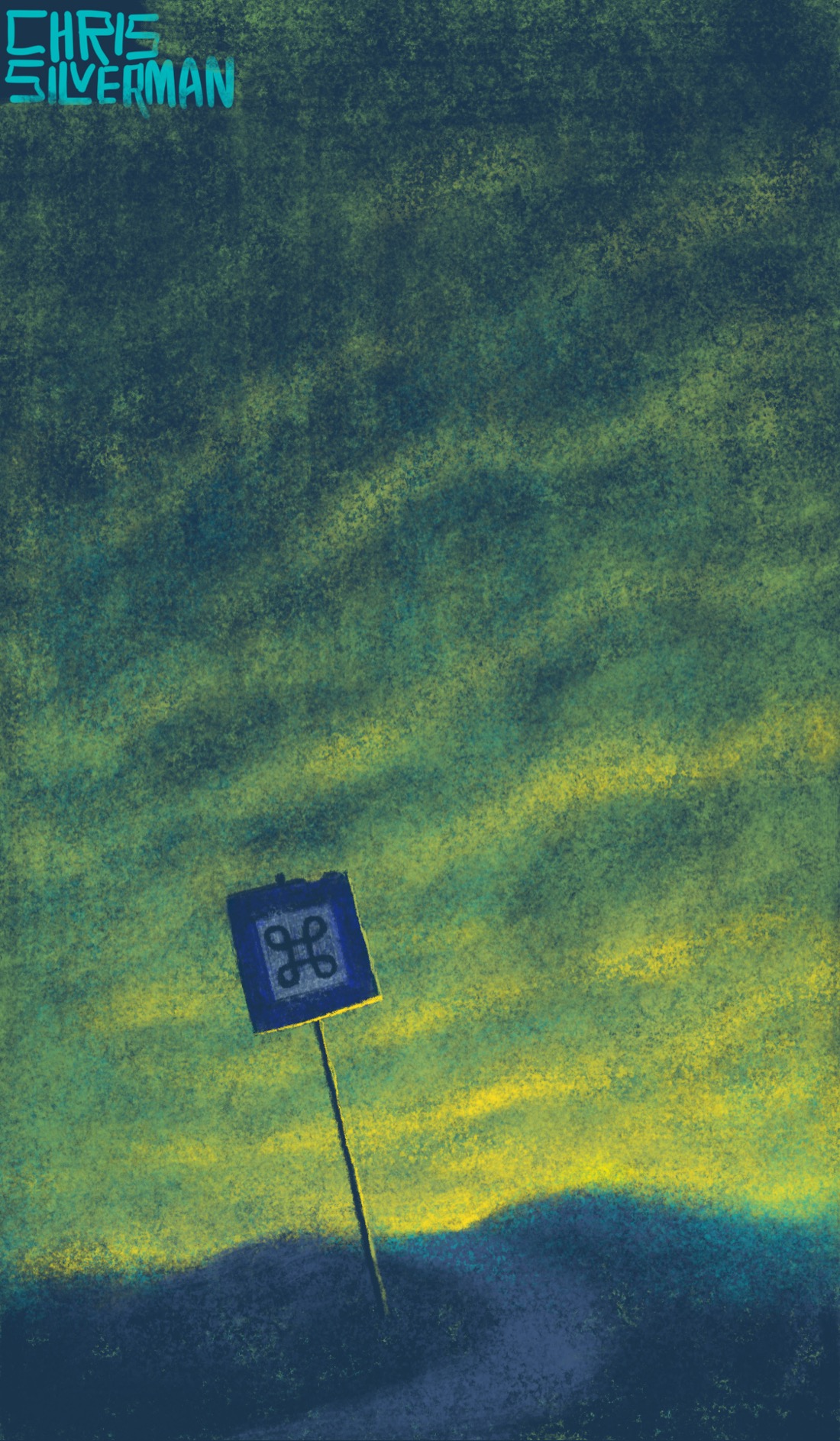 A bleak, barren landscape under heavy clouds. A yellow glow hovers around the edge of the horizon. A small path winds over the landscape towards the viewer, barely visible in the last rays of the sun. To the left of the path stands a small, square, weathered sign. The sign has a blue border and a white center. In the center is a black cloverleaf icon, or "Bowen knot", that most of the world recognizes as the Mac "Command" key icon and the Nordic part of the world recognizes as a road sign that indicates a place of interest. The painting is signed "Chris Silverman".