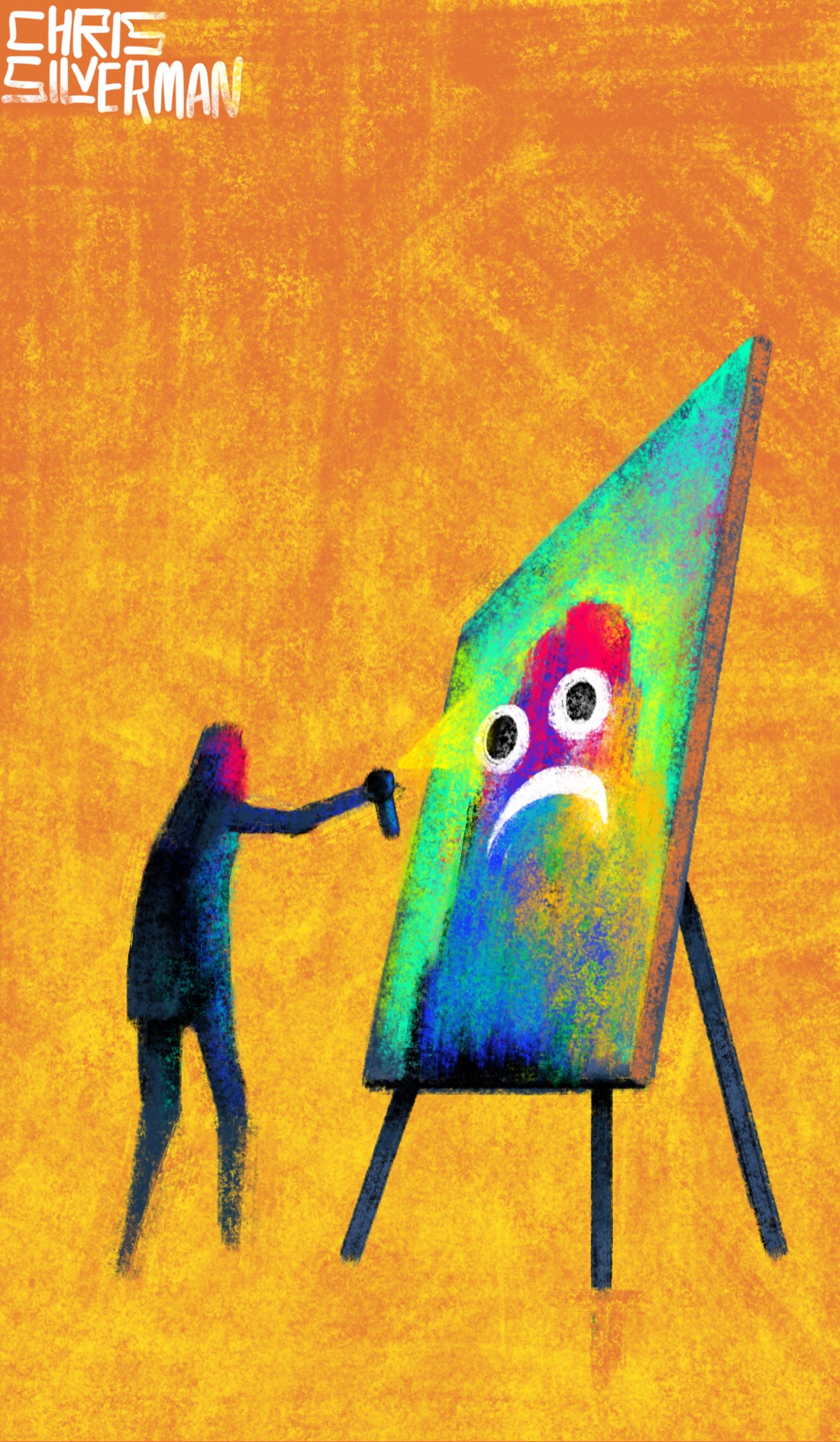 A painter stands in front of a large canvas propped on an easel. The canvas looms over the painter. On the canvas is a painting of a blobby figure with two round googly eyes and a mouth that looks like an upside-down white crescent. The figure is rendered is an array of blazing rainbow colors. The artist is holding a can of spray paint and spraying the canvas. The artist's head is a bright crimson. The background is a red-orange. The painting is signed "Chris Silverman".