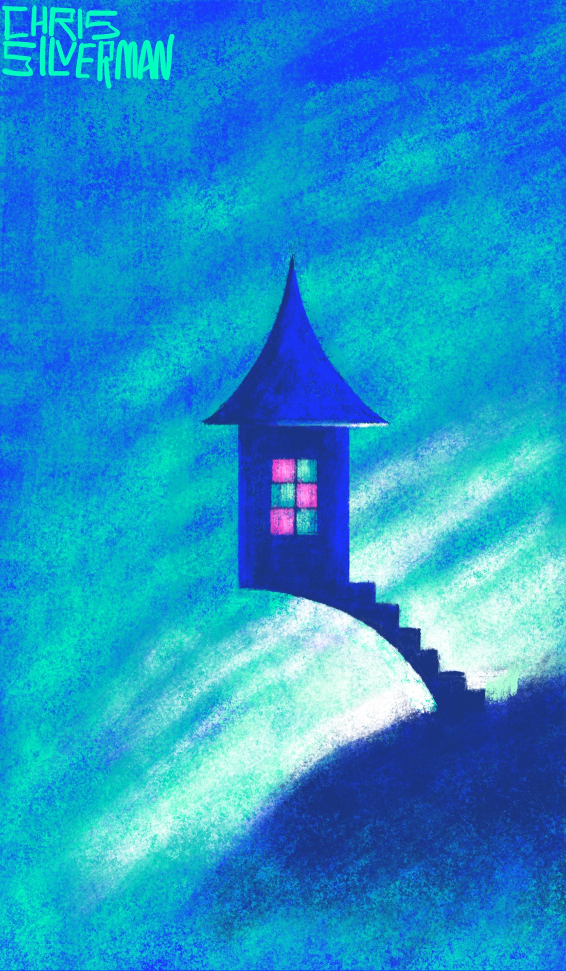 A small, dark blue building with a tall, conical roof as tall as the lower half of the building sits at the end of an arched set of stairs. It is not supported by anything other than the stairs, and sits uneasily in space. It has only one window, a collection of six panes of glass that alternate between pink and green. The stairs extend up off a small hill that has greenish fog at the base. In the background is a sky of greenish blue clouds, with blazing white light on the horizon. The painting is signed "Chris Silverman".