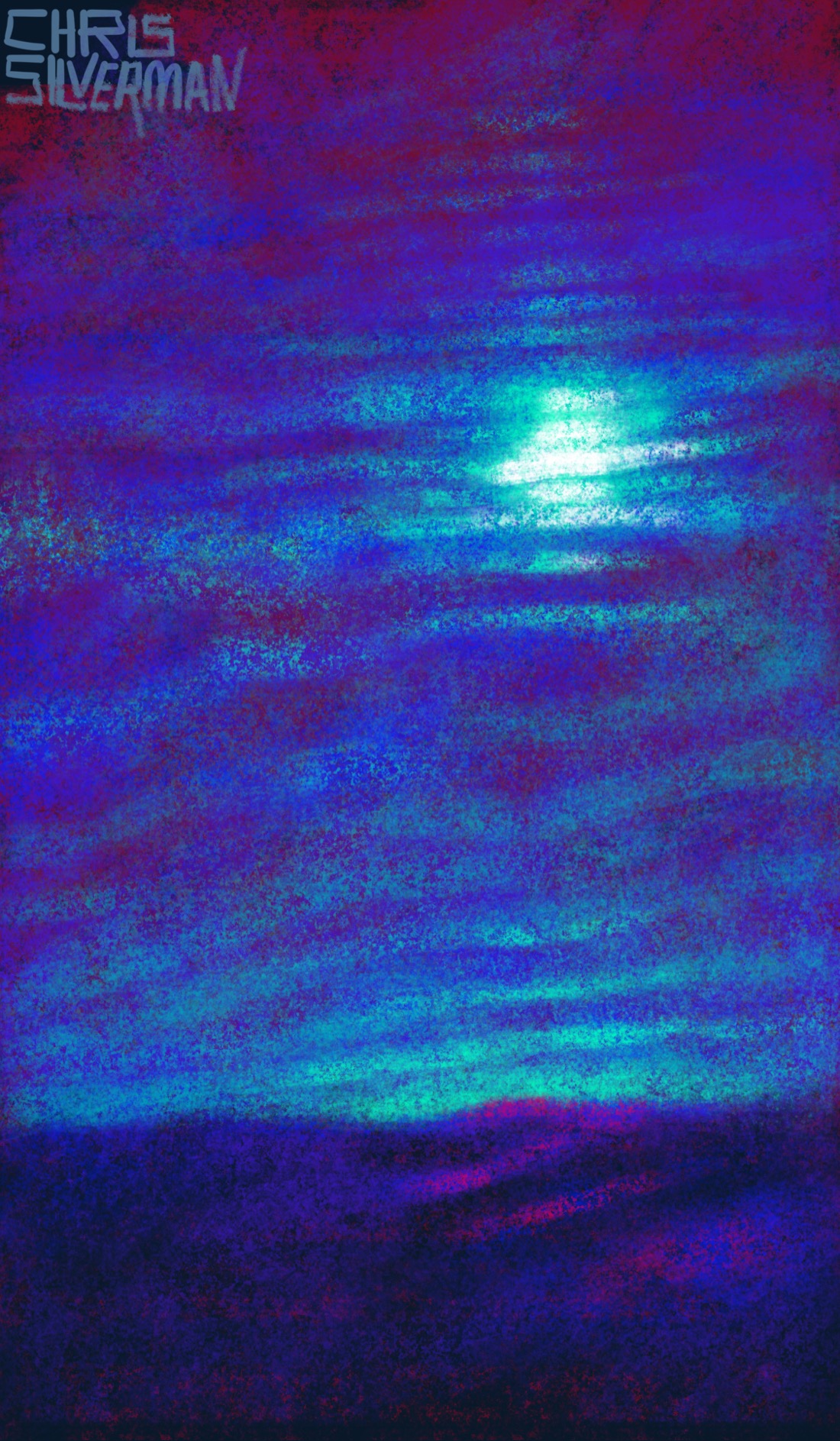 An eerie scene: a mostly flat landscape with a few soft rises. It's at night. The sky is a dark mix of blue, purple, and dark maroon. Hovering along the horizon is a greenish glow. In the sky is another greenish glow that suggests a moon partially obscured and diffused by clouds. The painting is signed "Chris Silverman".