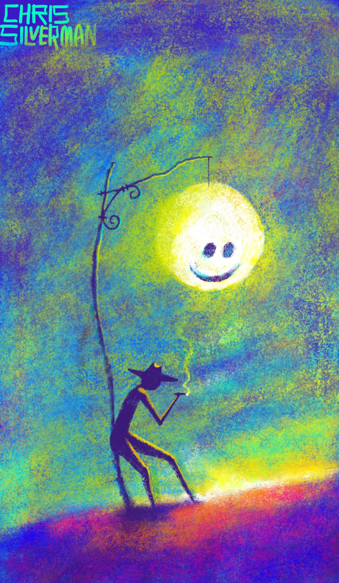 A darkening sky, filled with a chaotic mix of indigo, blue, and green. A slow burn of yellow and white light sits on the horizon. A large, glowing yellow-and-white smiley-face hangs from a spindly lamppost. Slouched under the lamppost, leaning against it, is a thin figure wearing a broad-brimmed hat and smoking a cigarette. The ground is illuminated from the face, and is a mix of purple, red, and orange. The painting is signed "Chris Silverman".