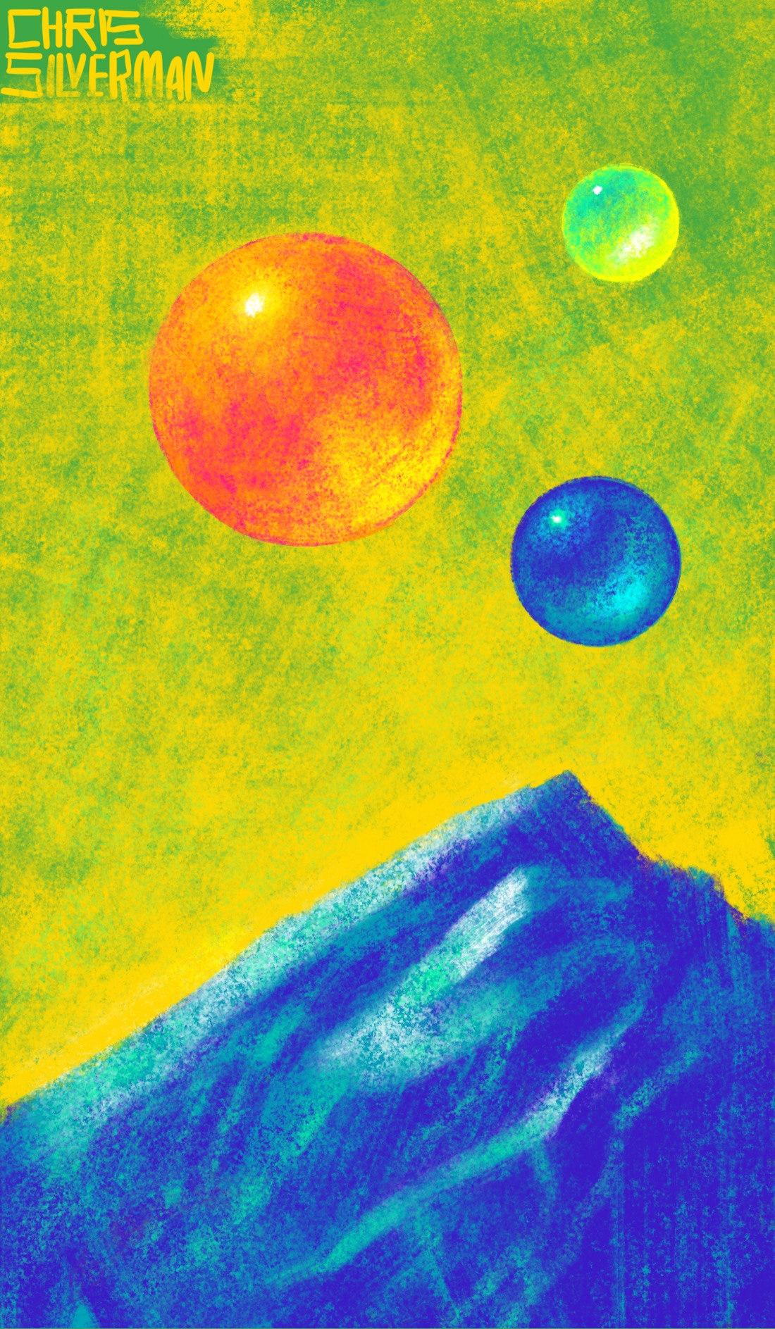 A blue mountain sits under a yellow-green sky. In the sky are three shiny colored spheres that look like they are made of glass. The largest is red; the other two are blue and luminescent green. The painting is signed "Chris Silverman".