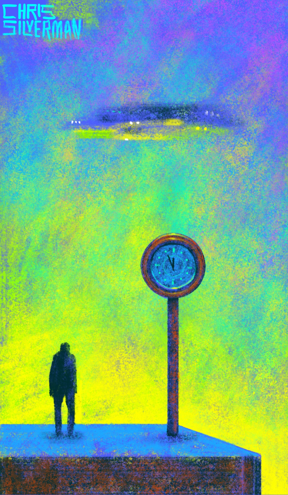 A person stands on a blue railway platform. To their right is a large clock on a pole. The sky in front of them is bright yellow fading to green and purple. Hovering in the sky and approaching is a blurry indeterminate object with rows of small lights along it, yellow sunlight shining off its underside. ￼The painting is signed "Chris Silverman". ￼
