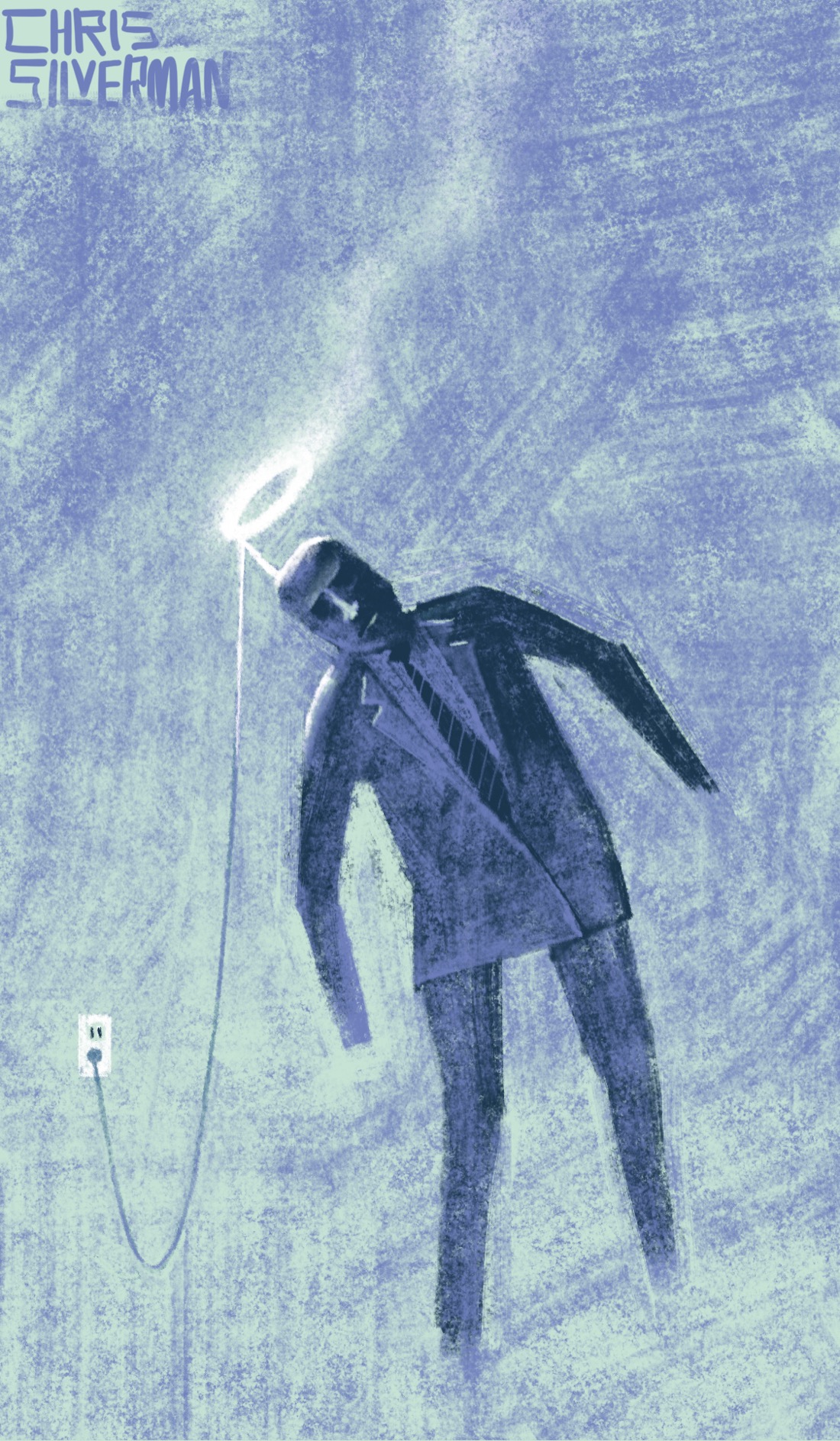 A stiff figure in a suit tilts sideways, looking off-balance. Fixed to its head is a large, glowing white halo mounted on a small pole. Thin smoke rises from the halo. The halo is plugged into a wall outlet, and it is the shortness of the cable that is causing the figure to tilt. This is a dull green and periwinkle painting, with the figure rendered in dark shades of periwinkle. The painting is signed "Chris Silverman".