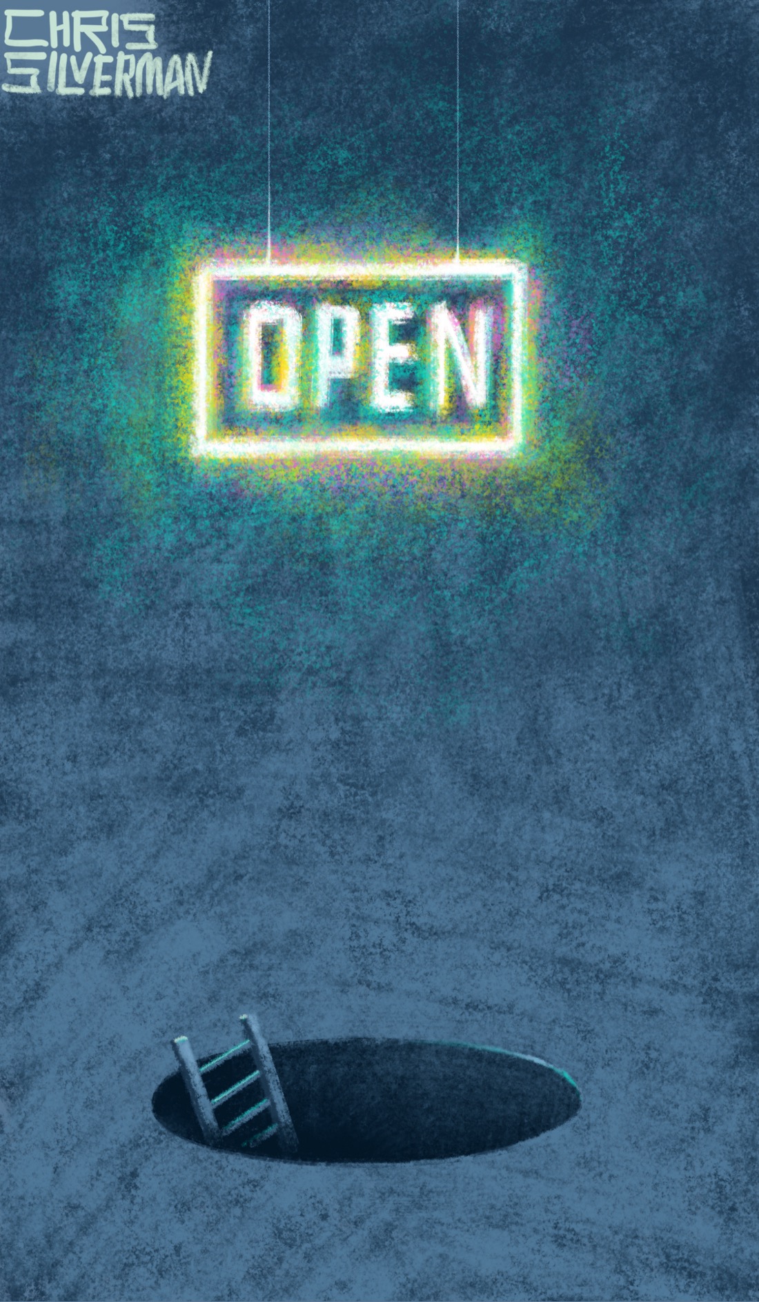 A dark, grim space that shows a concrete floor and nothing else. In the middle of the concrete floor is a neatly drilled hole, like a manhole without a cover. A ladder protrudes from the darkness of the hole. Beyond, the room extends into darkness. Hanging from above is a glowing sign with white letters. While the glow is predominantly white, it ranges across a number of different colors: yellow, green, pink. The letters say "Open". The painting is signed "Chris Silverman".