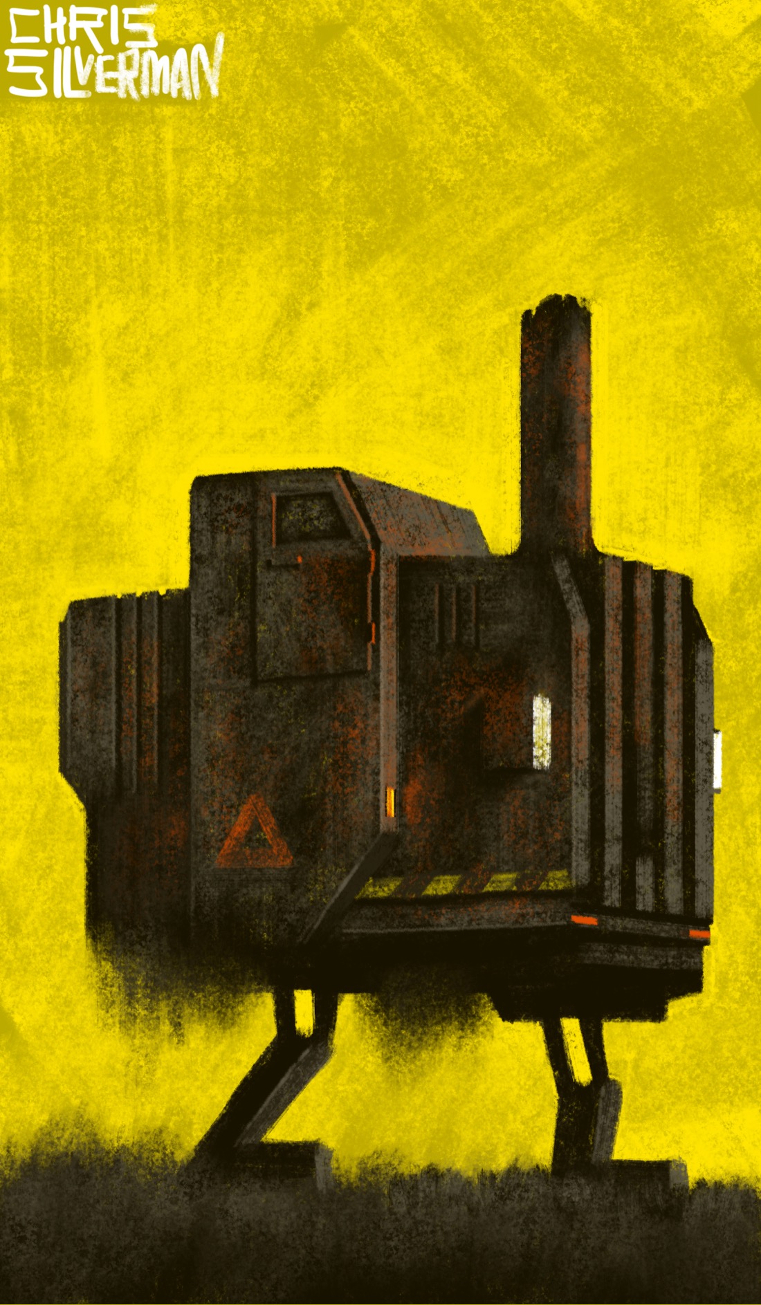 A large, rusty metal machine staggers forwards on two mechanical legs. The machine looks like something between a construction vehicle and a short, squat locomotive. It has a large grill in front,a small cab up top with no windshield, and a small door in the side. A tall smokestack extends up from the front hood. The machine has headlights and yellow warning stripes, with a faded red triangle painted on the side. Moss and dirt hangs from the underside. No driver is visible. The sky is an eerie goldenrod yellow. ￼The painting is signed "Chris Silverman".