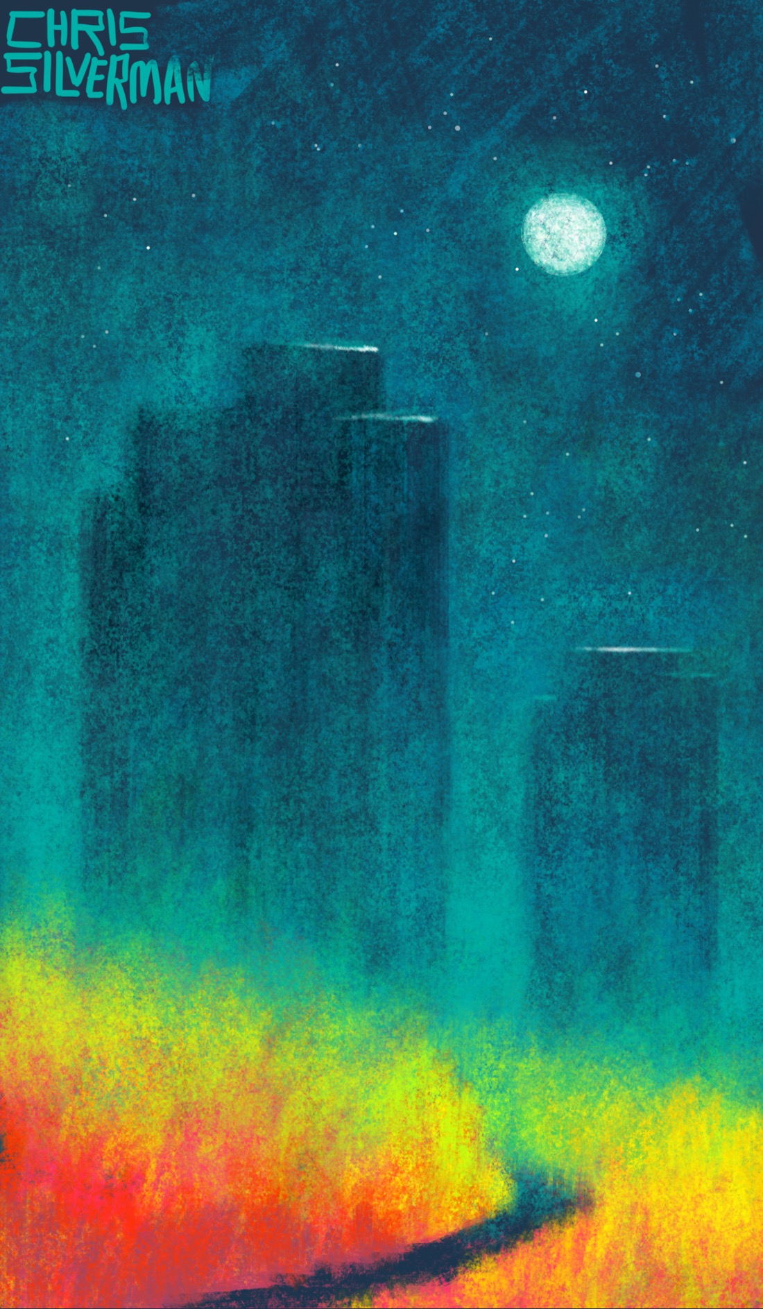 A small, dark path winds through a blazing red meadow. Even though it's at night, the grass in the meadow is bright red and yellow, fading to neon greenish on the horizon. Looming up in the distance are the dark hulks of what look like apartment buildings. There are no lights or lit windows anywhere on them. A full moon sits in the dark blue-green sky, surrounded by stars. The painting is signed "Chris Silverman".