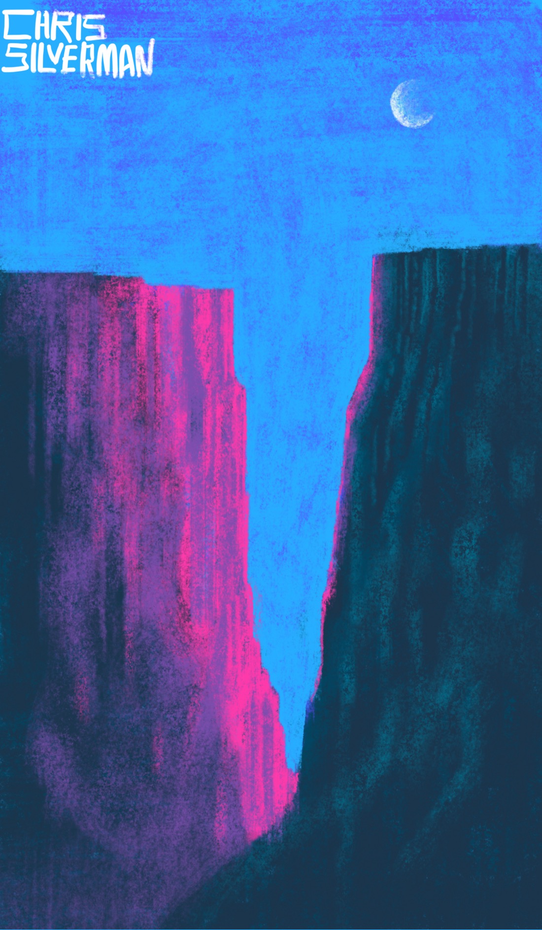 A vast chasm between two steep, craggy sides of a cliff. The left cliffside is crimson with sunlight, fading to purple; the right cliff is mostly in shadow, with a thin edge of crimson on the left edge. The sky is blue. A pale, round moon sits in the top right of the sky. The painting is signed "Chris Silverman".