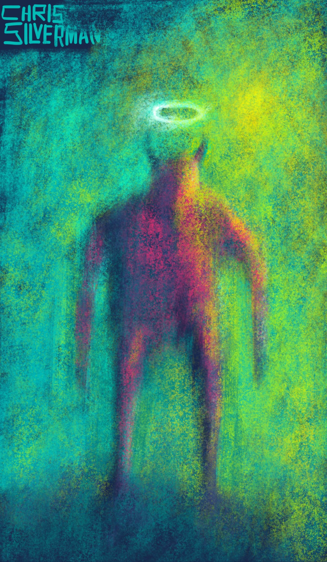 A blurry impressionist painting of a crimson figure with two horns and a glowing white halo hovering above its head. The background is an eerie blend of aqua green and yellow. The brushstroke texture gives the overall painting an amorphous, dreamlike quality. The painting is signed "Chris Silverman".