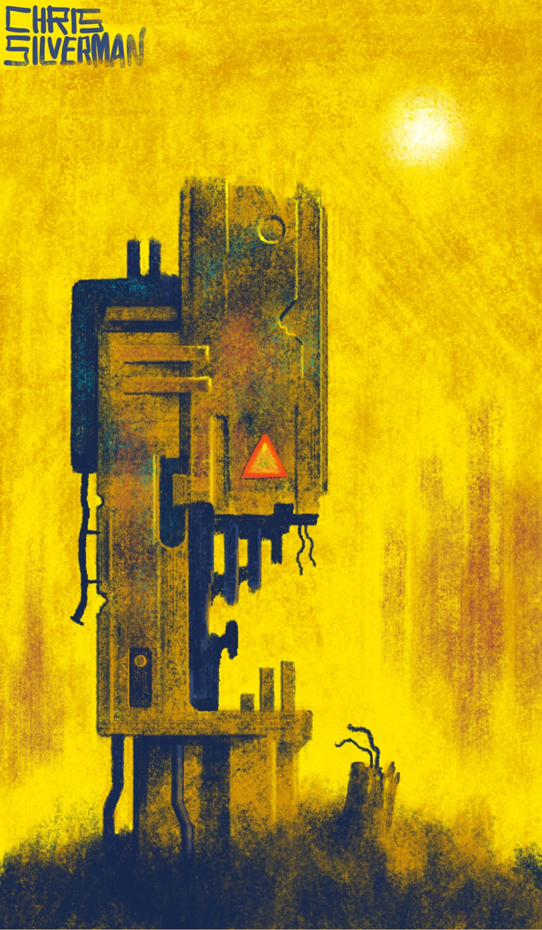 A weird, alien-looking remnant of some decaying piece of infrastructure. The object, sticking up out of the ground, is rusty brown and unrecognizable but looks large. It is shaped roughly like a wrench-head. Some might see a face in profile, with an open mouth and jagged teeth. The object has pipes, dangling wires, and pieces that suggest they were once part of a grill. A small red warning triangle is applied to one of its surfaces. Next to it, a smaller pipe sticks up out of the ground with wires coming out of it. The sky is a bright yellow, with a hazy sun in the top right. In the background are vague brown shapes that could be trees or buildings. The painting is signed "Chris Silverman".