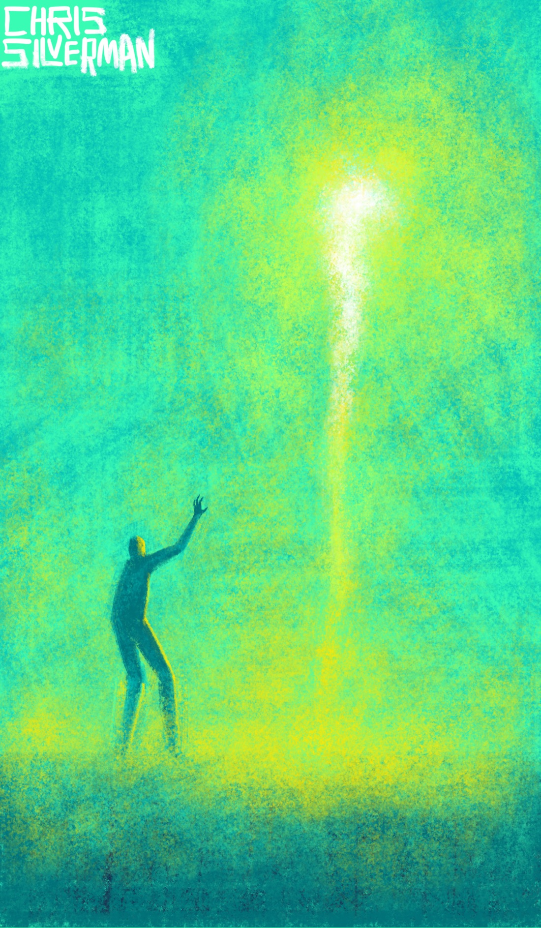A flat, barren space—a desert, perhaps—with a neon-green-yellow sky and slightly darker ground below it. Blasting into the sky is a blazing white bolt of light that leaves a yellow trail behind it. It looks like a firework, or a rocket blastoff without the rocket. To the left of it is a figure, one arm extended, as though either warding off the bolt of light or summoning it. The painting is signed "Chris Silverman".