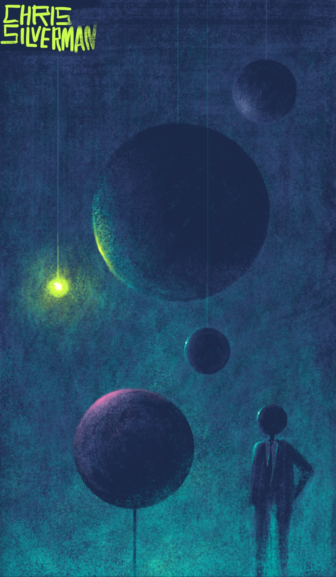 A large, dark space. To the left is a small, glowing, yellow-green sphere. To the right, surrounding it, are a set of much larger planetlike spheres dully reflecting the light. While mostly dark, the light reflecting off them reveals that they are different colors: green, purple, pink. Most of the spheres are suspended by strings. One sphere is mounted on a rod coming up from the ground. One sphere, the smallest, is the head of a shadowy suit-wearing figure standing in the lower right corner. A greenish fog rises up from the ground. The painting is signed "Chris Silverman".