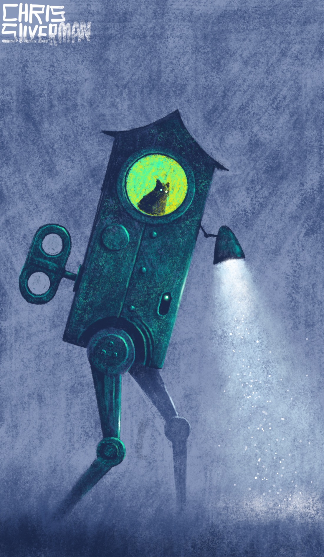 A cloudy, gray night. A machine is walking through the night: a metal machine the greenish color of tarnished copper, with two robotic legs, a rectangular body, and a lamp mounted in front. The body looks like a small outbuilding with a pointed roof and a single round window on the side, glowing greenish-yellow. On the rear of the machine is a clock key. The headlamp looks almost like a desk lamp: conical and pointed down, casting a fuzzy white beam on the grass below. Small particles are visible in the beam. The side of the machine is clearly metal, with a seam and bolts. Sitting in the window is the black silhouette of a cat. The painting is signed "Chris Silverman".