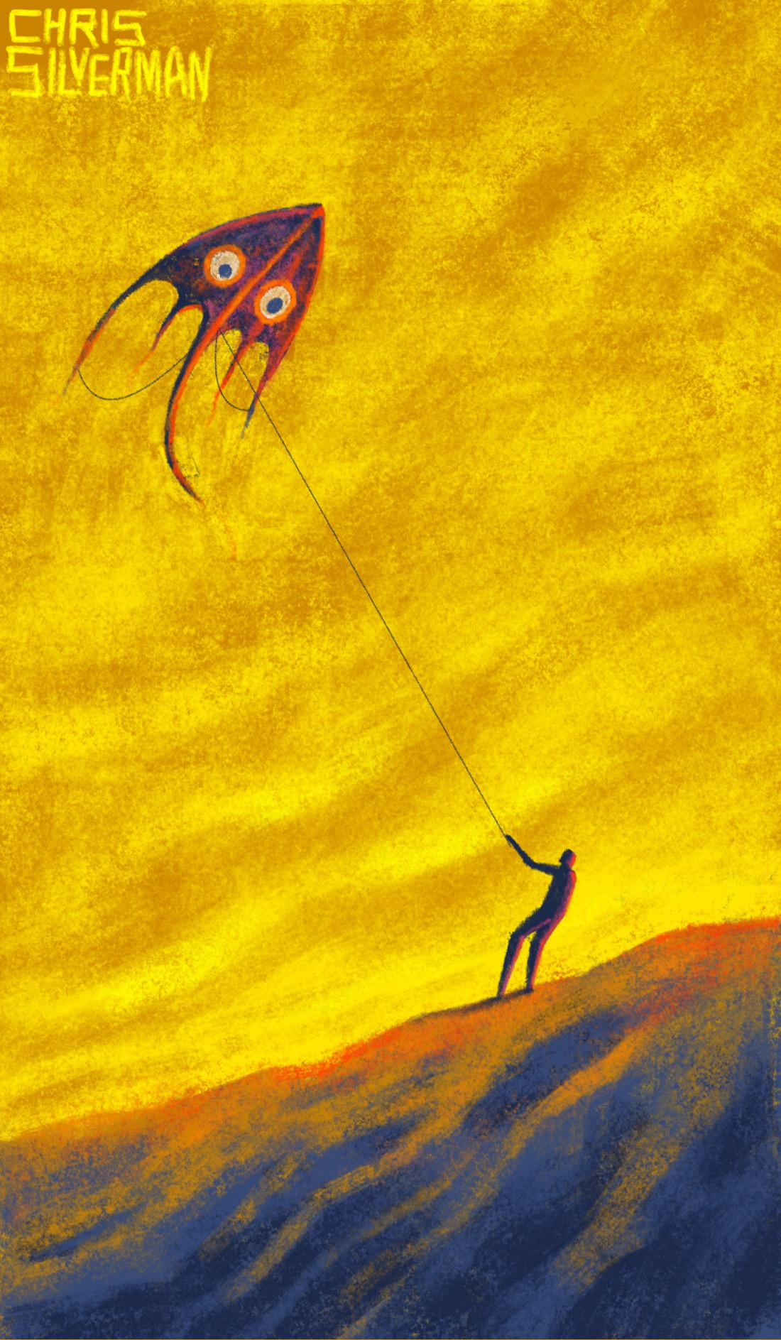 A small figure stands on a desert slope, under a vast yellow sky striped with light clouds. The slope is various shades of brown and dark blue, tinged with red at the horizon, and has striations that suggest the patterns of sand blown by wind. The figure is flying a kite that looks sort of like a sea creature, with a long tail and streamers and a shield-shaped body. The kite is reddish with shades of blue and purple, and has two round eyes. The painting is signed "Chris Silverman".