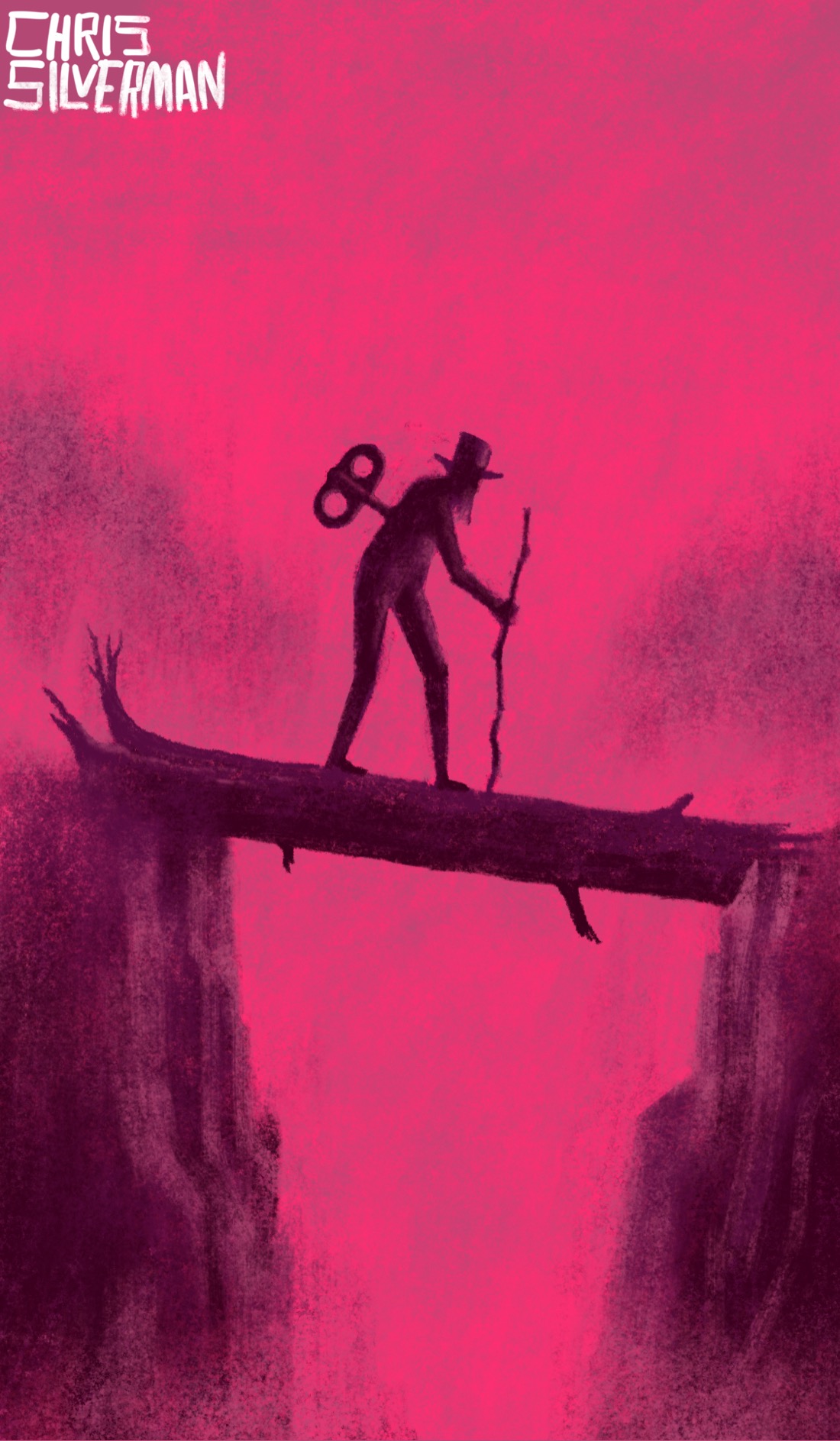 A log extends across a rocky chasm. Walking across the log is a slightly hunched, bearded figure with a crooked staff and a top hat. A clock key is sticking out of the figure's back. In the distance is the blurry suggestion of a forest. This painting is rendered in shades of bright pink, and signed "Chris Silverman".
