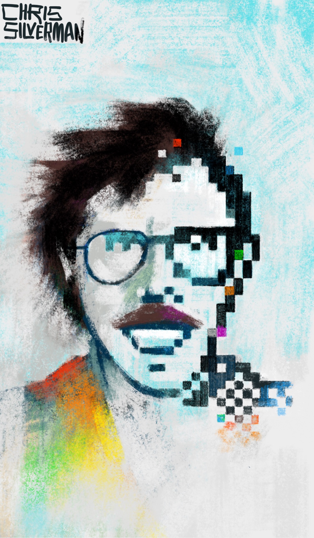 A portrait of a man. The portrait is roughly divided into two styles: the left side is more painterly, while the right side is a bitmap composed of pixels. The man has slightly wild black hair, glasses, and a mustache, and is smiling. The overall composition is mixed-media on a gray background, with tinges of rainbow colors and colored pixels placed throughout the painting. The person depicted is Apple designer and engineer Bill Atkinson. The pixel part of this is based on an existing icon included in HyperCard; I'm unsure of who the artist is. The painting is signed "Chris Silverman".