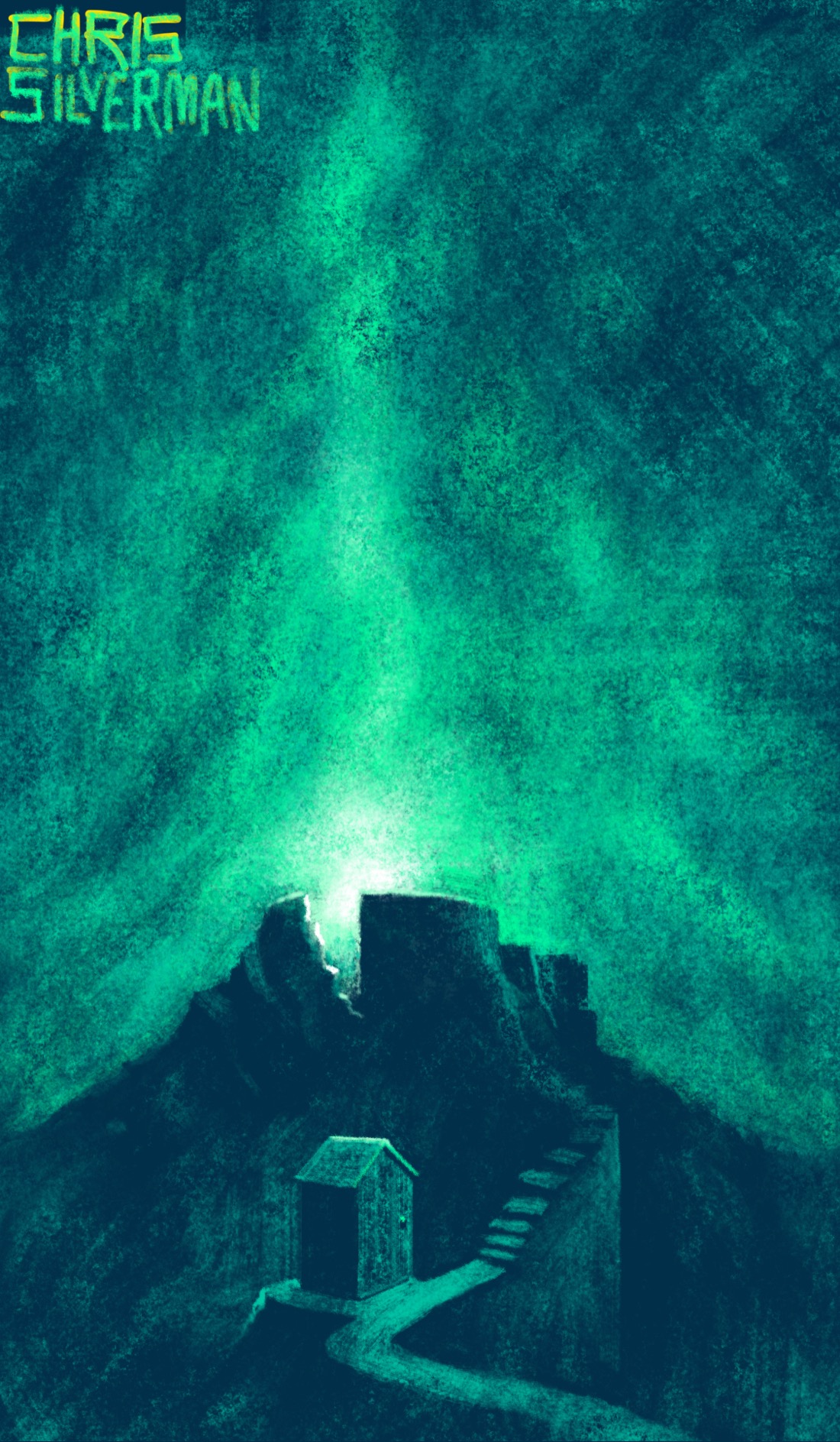 A scene of darkness, dominated by a volcano-like structure in the center. The volcano is spitting a geyser of greenish-white light and smoke into the heavy greenish clouds. A small path and staircase, carved into the surrounding rock, leads to the volcano. Mounted on a  plateau right off the path is a small building that suggests an outhouse. The painting is signed "Chris Silverman".