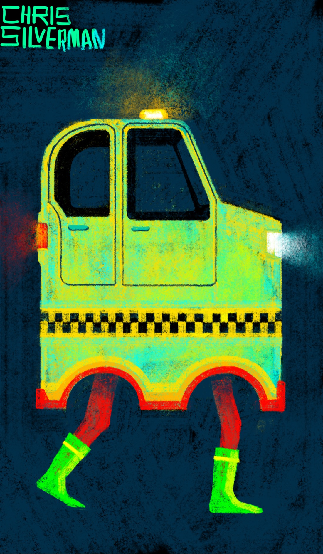 An odd looking yellow taxi cruises through the night. The taxi is taller than it is long, with a checkered yellow and black stripe along the side. The base of the taxi has red, orange, and yellow stripes along it. The taxi itself is yellow with a greenish blue tinge to it, and a small orange light on top. Most unusually, the taxi does not have wheels; extending from the wheel wells are two red legs wearing green boots with yellow stripes. No driver or passenger is visible. The painting is signed "Chris Silverman". ￼