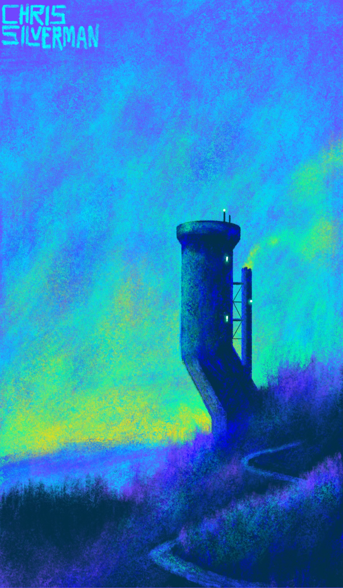 A rural landscape at dusk. In the foreground are tree-covered purple hills, with a dark tree line on the left. A winding road runs through it. In the distance, sunlight burns greenish yellow on the horizon. The sky is blue shifting into deep indigo. On the horizon, but closer, is an oddly shaped tower. It emerges from the ground at an angle and then straightens up, with a larger area at the top like a turret. On the top are a few small antennas with glowing white lights. Behind the primary tower is a tall smokestack with smoke coming out. It has small glowing green lights on it, and looks like some weird industrial installation that doesn't correspond to any known design. The painting is signed "Chris Silverman".