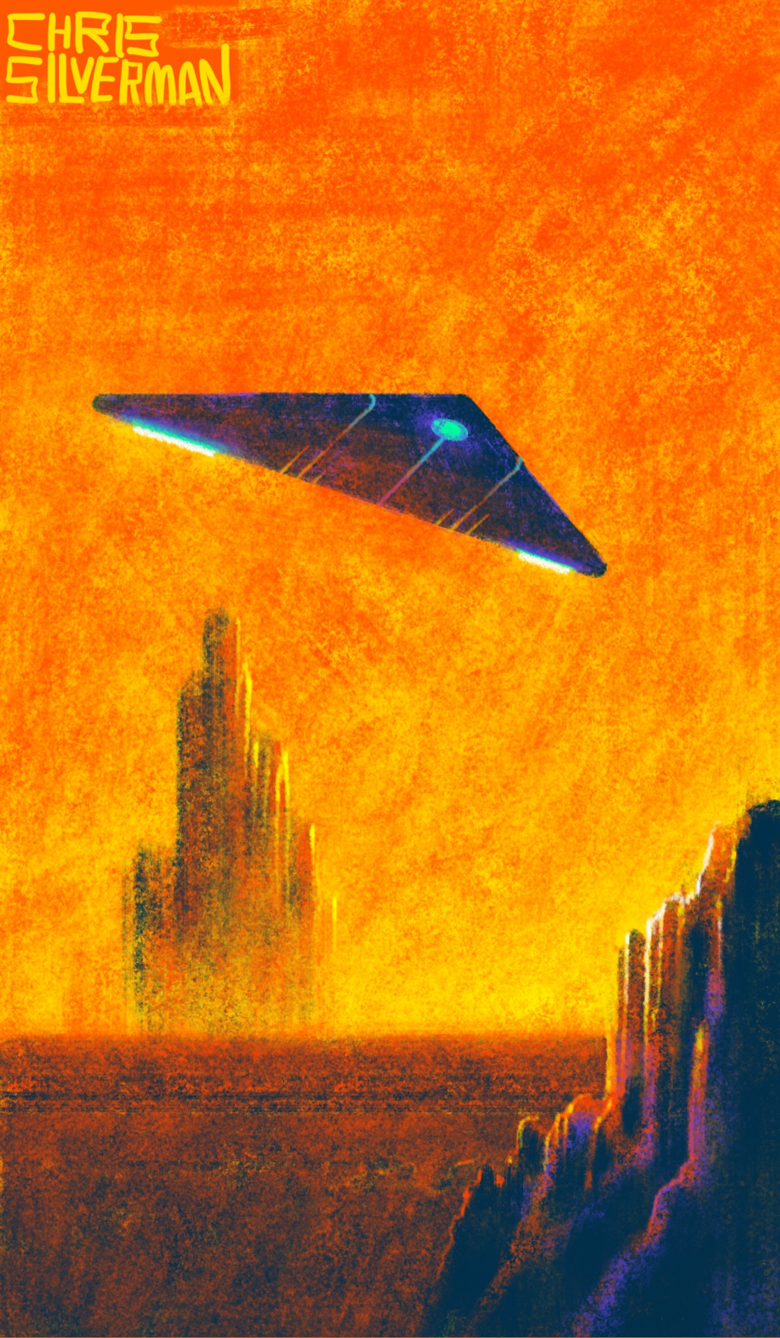 A reddish yellow sky over the desert. In the distance and foreground are craggy reddish rock formations that reflect the yellow sunlight. Soaring overhead is a black, triangular craft that does not look like it's from this world. On the underside at its front is a glowing green circle. Glowing green lines are placed on the rear edges of both of its wings, and it has other lines that give it a sleek, alien appearance. The painting is signed "Chris Silverman".