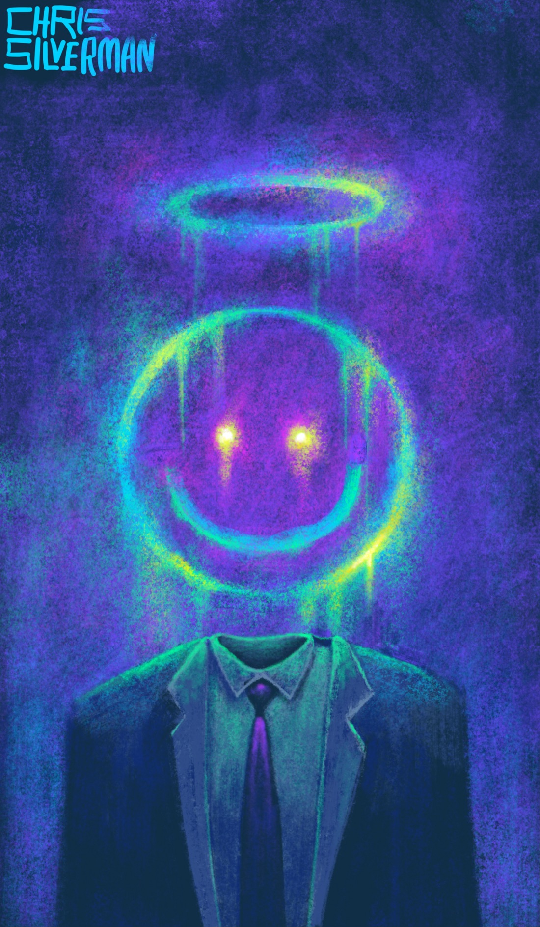 A sinister figure wearing a suit stands against a dark purple background. The figure doesn't actually have a head; floating above the empty neck of the dress shirt is a glowing smiley-face that appears to be rendered in dripping fluorescent blue-yellow paint hovering in the air. Floating above that is a halo that looks very similar. The painting is signed "Chris Silverman".