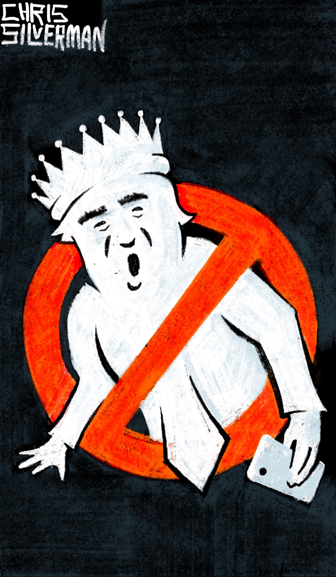 A black background with a red symbol on it: a circle with a diagonal bar through it, the "prohibited" symbol. Inside the symbol, appearing to be reaching out from it, is a minimalist white cartoon figure of a shouting man wearing a crown too large for his head and clutching a phone. The man's tie overlaps the lower boundary of the red symbol. This, of course, is Donald Trump, rendered in a Ghostbusters symbol. The painting is signed "Chris Silverman".