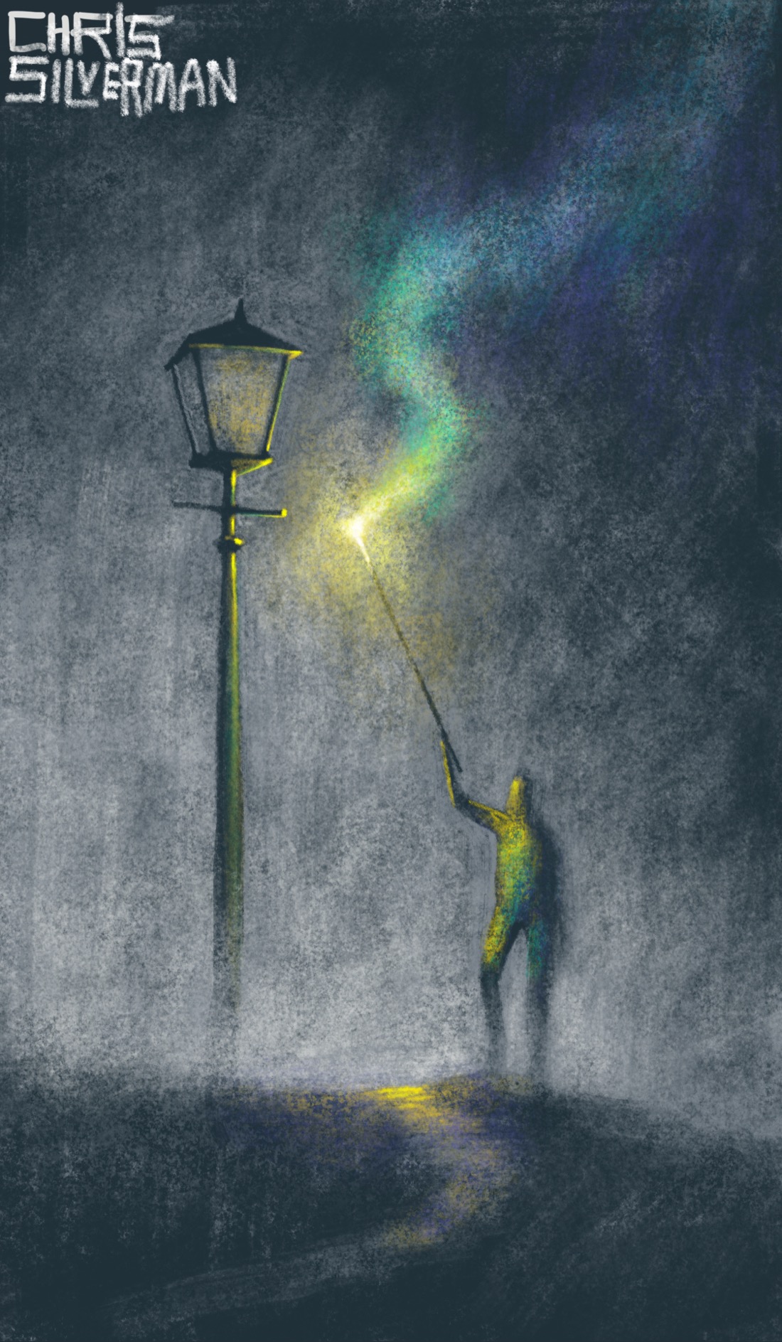 A dark, dismally gray environment, like a cloudy day in early evening. Placed to the right of a small path is a tall Victorian-looking lamp post, the lamp unlit. Across the path, next to the lamp, is a person holding a long rod with a flaming end. The person is holding the rod towards the lamp, as though to light it. The flaming part of the rod is blazing white and yellow, emitting a trail of smoke that shift into iridescent greens and blues. The person also has a slightly iridescent tinge, reflecting both the yellow torchlight and a greenish tinge. The painting is signed "Chris Silverman".