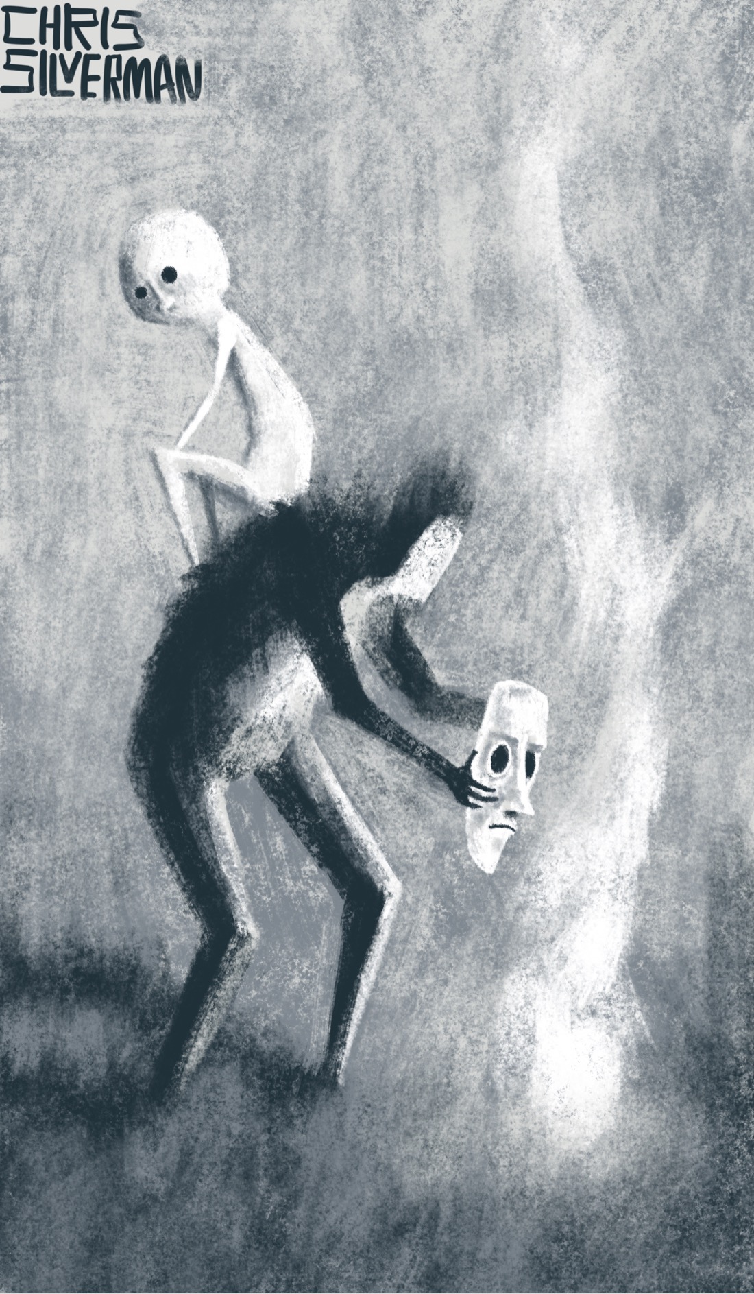 A scene that looks like it's rendered in charcoal, or black and white paint. A dark figure hunches over a blazing white fire, holding a white mask in front of it near to the flames. The light reflects off the front of the figure. The figure has a flat, blank, white area where its face would be. Sitting on its back is another eerie white figure with very thin arms, a round head, and empty black eyes. The painting is signed "Chris Silverman".