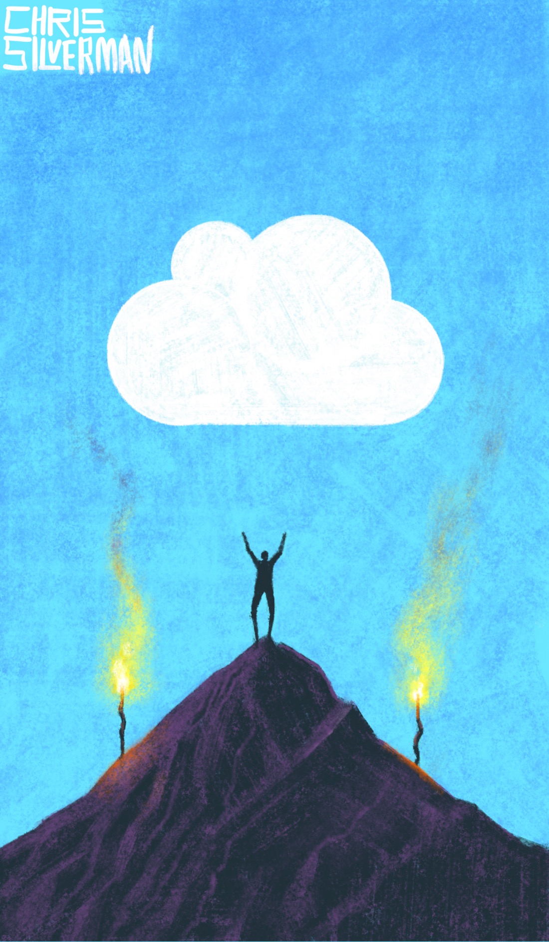 A dark, conical mountain under a vast blue sky. The mountain is craggy, with rocky striations defined in dark purple. Planted on both sides of the mountain are flaming yellow torches. Standing on the very top of the mountain is a small human figure with its arms up. Hovering in the sky above it, like a UFO or an omen, is a huge white cloud icon that looks a little like Apple's iCloud logo. The painting is signed "Chris Silverman".