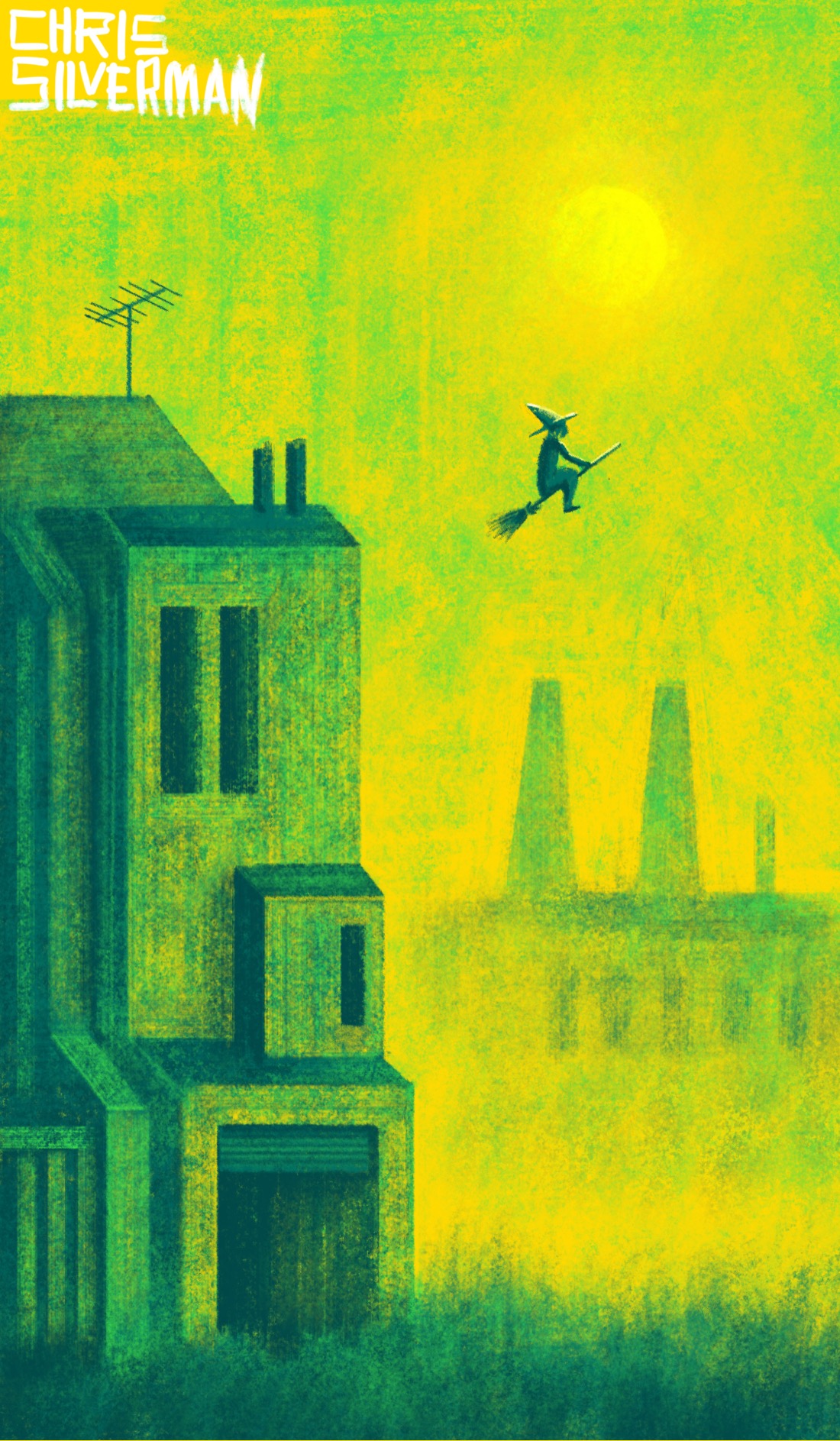 A mostly abandoned landscape under a greenish-yellow sky. In the foreground is a large house with tall windows and an open garage door. The house looks like it is surrounded by tall grass. In the background is the dim outline of a factory building with two smokestacks. A hazy sun sits high in the sky. The only person in the scene is a witch with a tall hat, sitting on a broomstick and flying under the sun. This is a primarily yellow and green painting, signed "Chris Silverman".