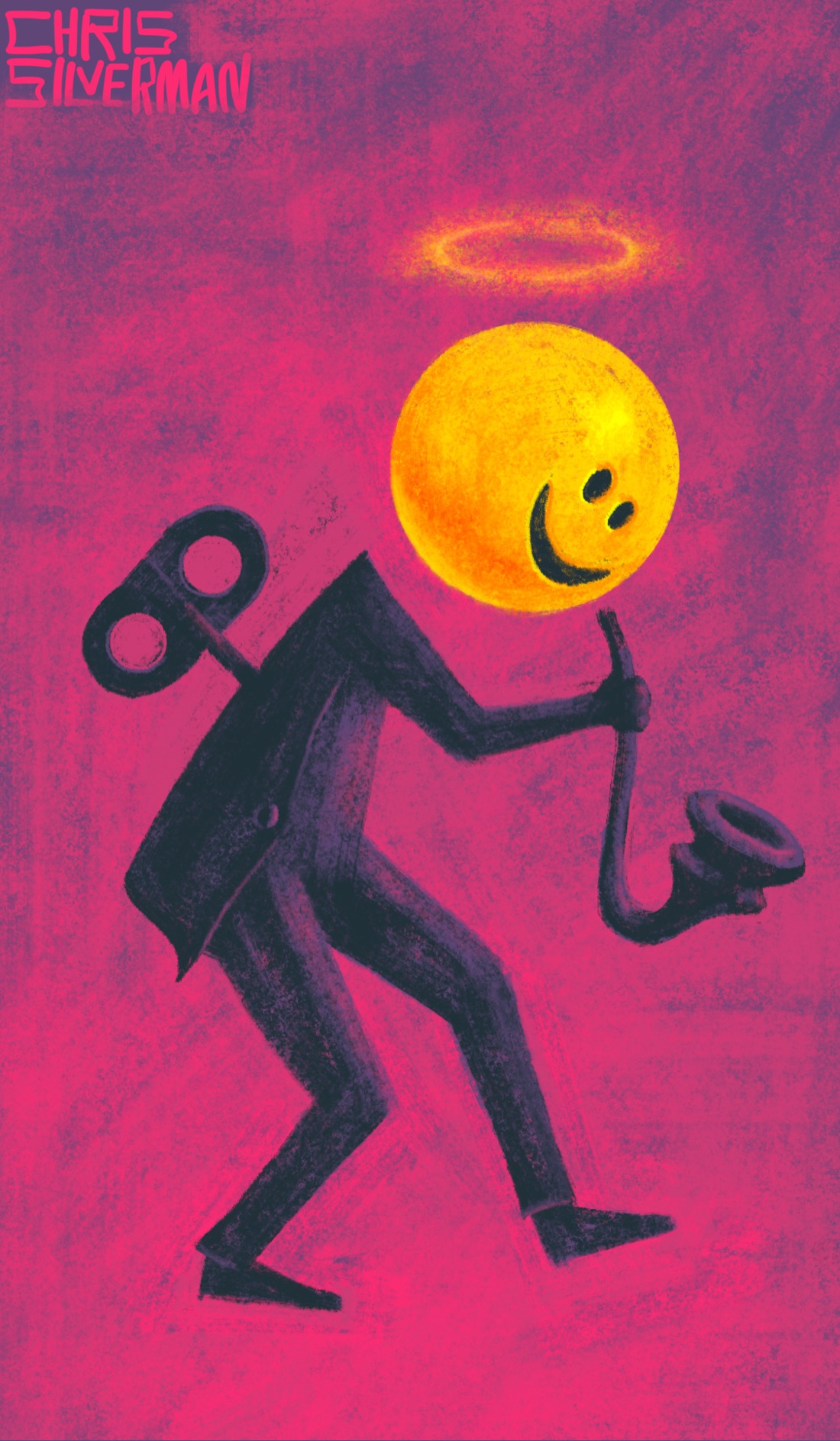 A figure wearing a dark purple suit dances against a bright crimson background, holding an oddly-shaped horn that looks sort of like a saxophone. The figure has a windup key sticking out of its back. For a head, it has a spherical yellow smiley-face hovering above its neck. Floating above its head is a hazy yellowish halo. The painting is signed "Chris Silverman".