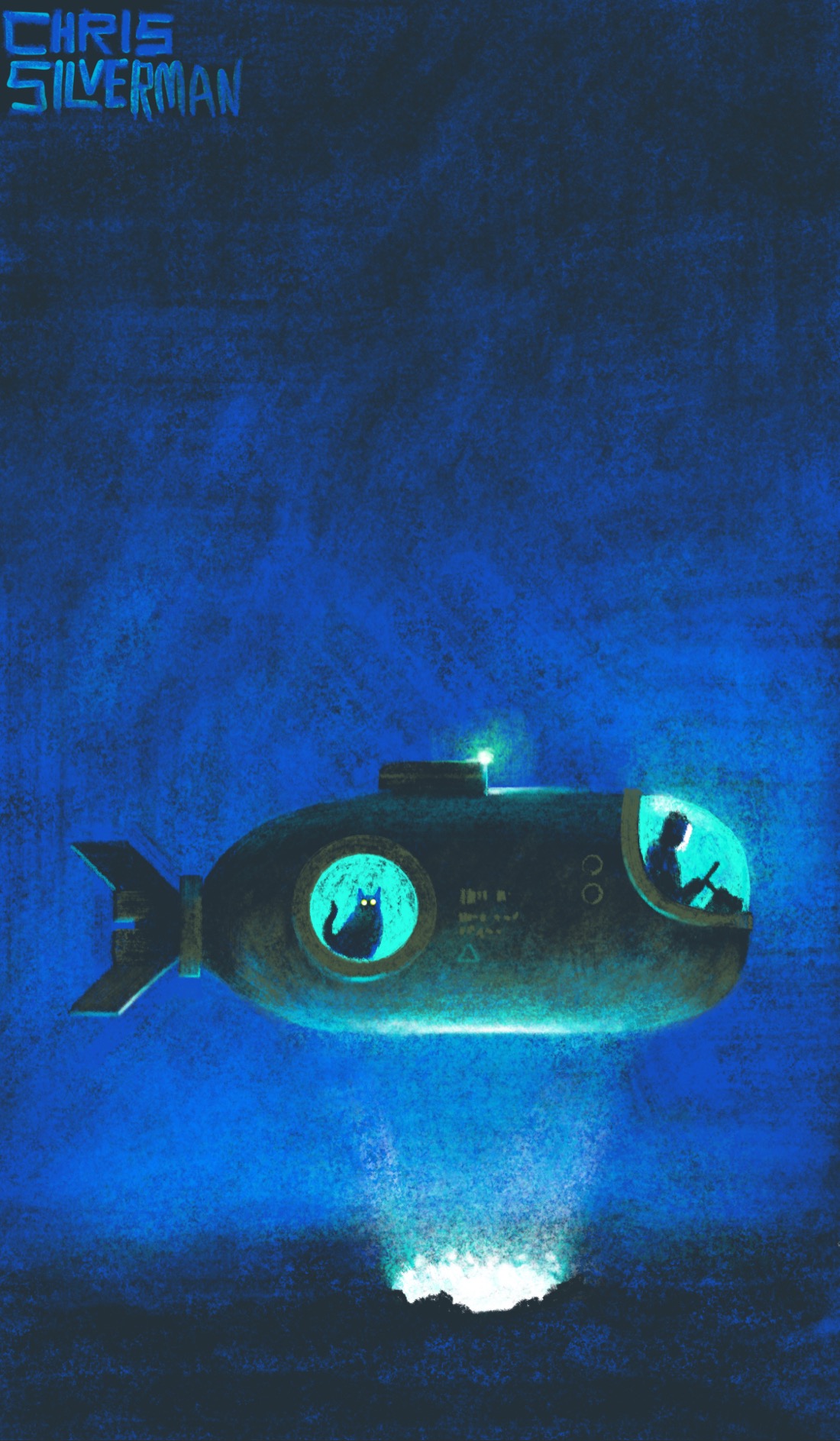 A small submersible craft hovers a few feet above the ocean floor. The craft is mostly black, with hints of a drab green metal exterior. Towards the rear is a glowing blue-green portal with a cat sitting in it. The front of the craft has a bubble-shaped windshield, also glowing blue. A small white light is on the hatchway. Someone is sitting behind the windshield, steering the craft. There is some tiny green text stenciled on the side of the submersible but it's too small to read. Directly below the craft, illuminating the underside, is a blazing white hole in the ocean floor. All around, the sea is dark blue fading to black. There are no other signs of life. The painting is signed "Chris Silverman".