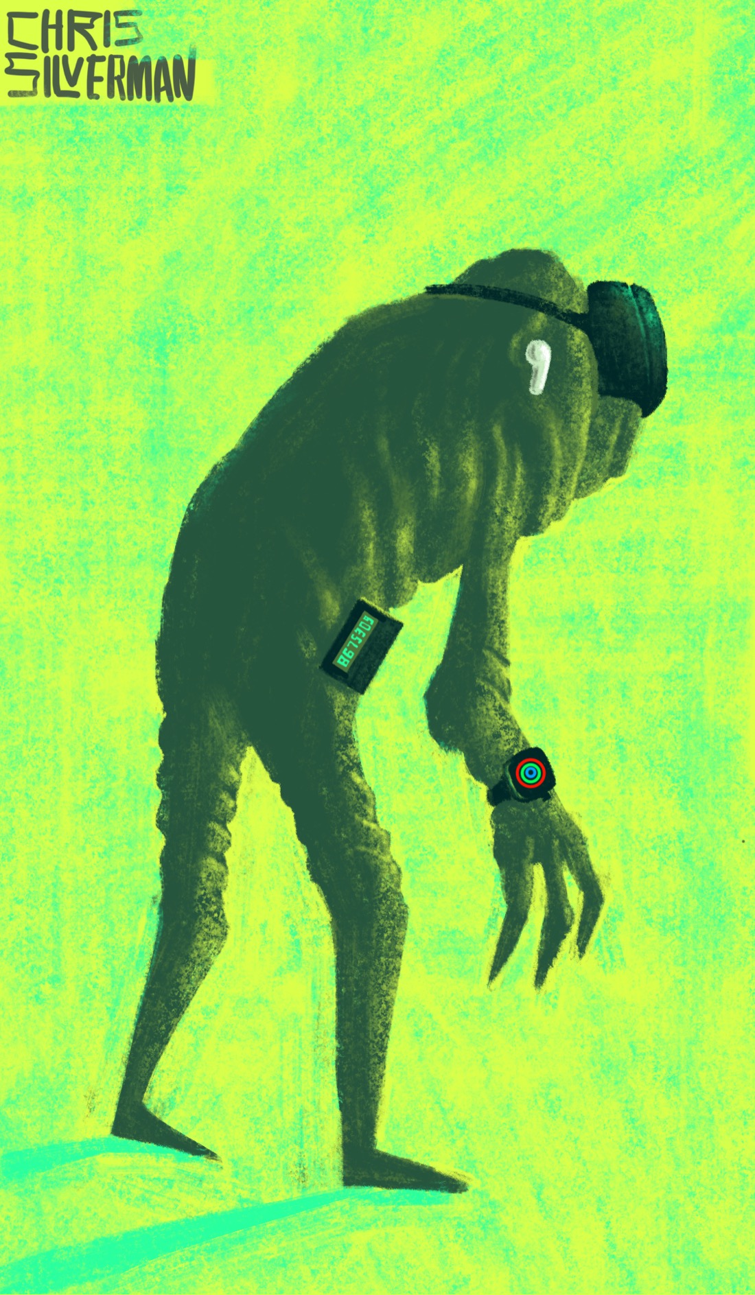 A misshapen, lumpy, drab-green creature wanders in a bright green world. The creature is slightly hunched over, with a weird, unnatural-looking arm and clawlike hand. The creature is wearing a black VR headset on its face, along with AirPods, an Apple Watch, and a 90s-style pager on its hip. The painting is signed "Chris Silverman".