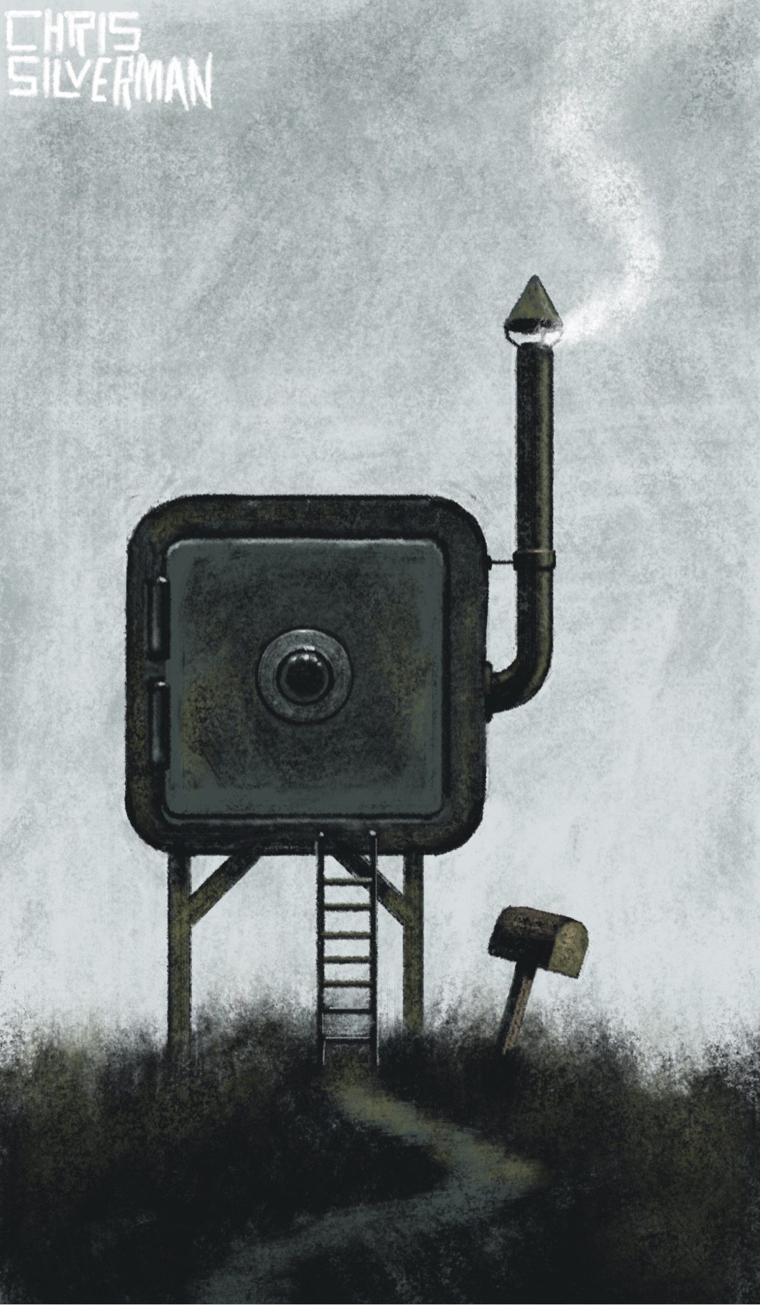 A heavy metal safe—the cubic kind with the dial in the center and the heavy hinges—sits on top of some metal pilings, in the middle of a barren black meadow. A little metal ladder leads up to it. The sky above is gray and cloudy. A small, irregular pathway winds towards the safe. Extending from the right side of the safe is a tall chimney made of black pipe. A wisp of white smoke is coming out of the chimney. To the right of the path is a mailbox. Someone seems to have built their house with the big bad wolf in mind. The painting is signed "Chris Silverman".