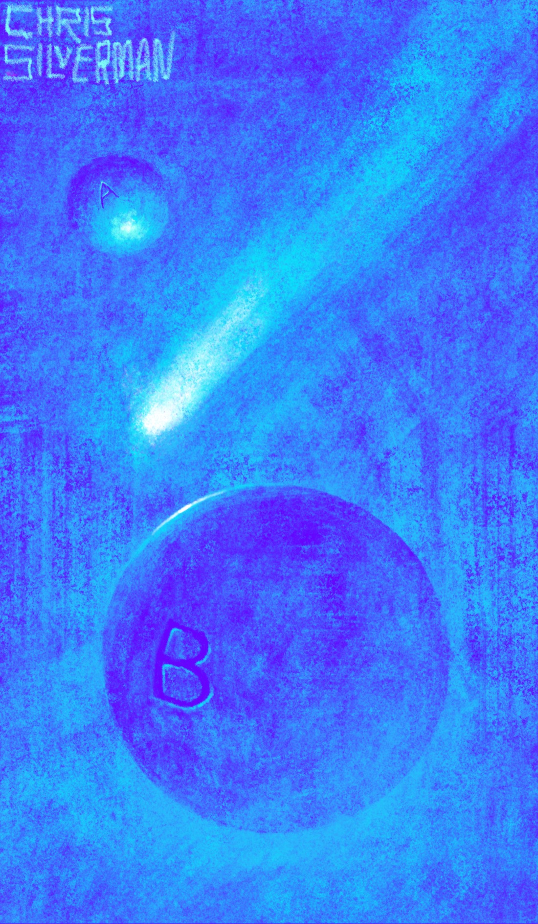 Two planets hanging in a vast, blue space. The largest one, closest to the viewer, has the letter "B" carved into it. A distance away is a smaller planet with "A" visible on its surface. Streaking between them is a blazing white comet, its light reflecting off both planets. The painting is signed "Chris Silverman".