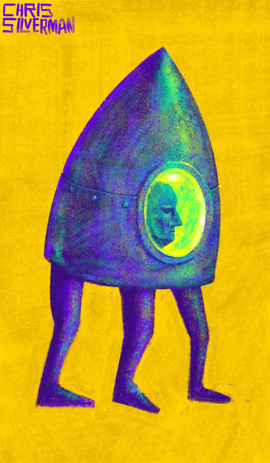 A metal object shaped like a howitzer shell or a short, fat, rocket: curved sides, pointed tip. Three legs emerge from beneath it. The object has one round portal on the right side, through which can be seen the profile of a human face. The face is harsh, expressionless, and remote. The window is a fluorescent yellow-green. The object itself, and the legs beneath it, are indigo with an iridescent green sheen. This is placed against a yellow background. The painting is signed "Chris Silverman".