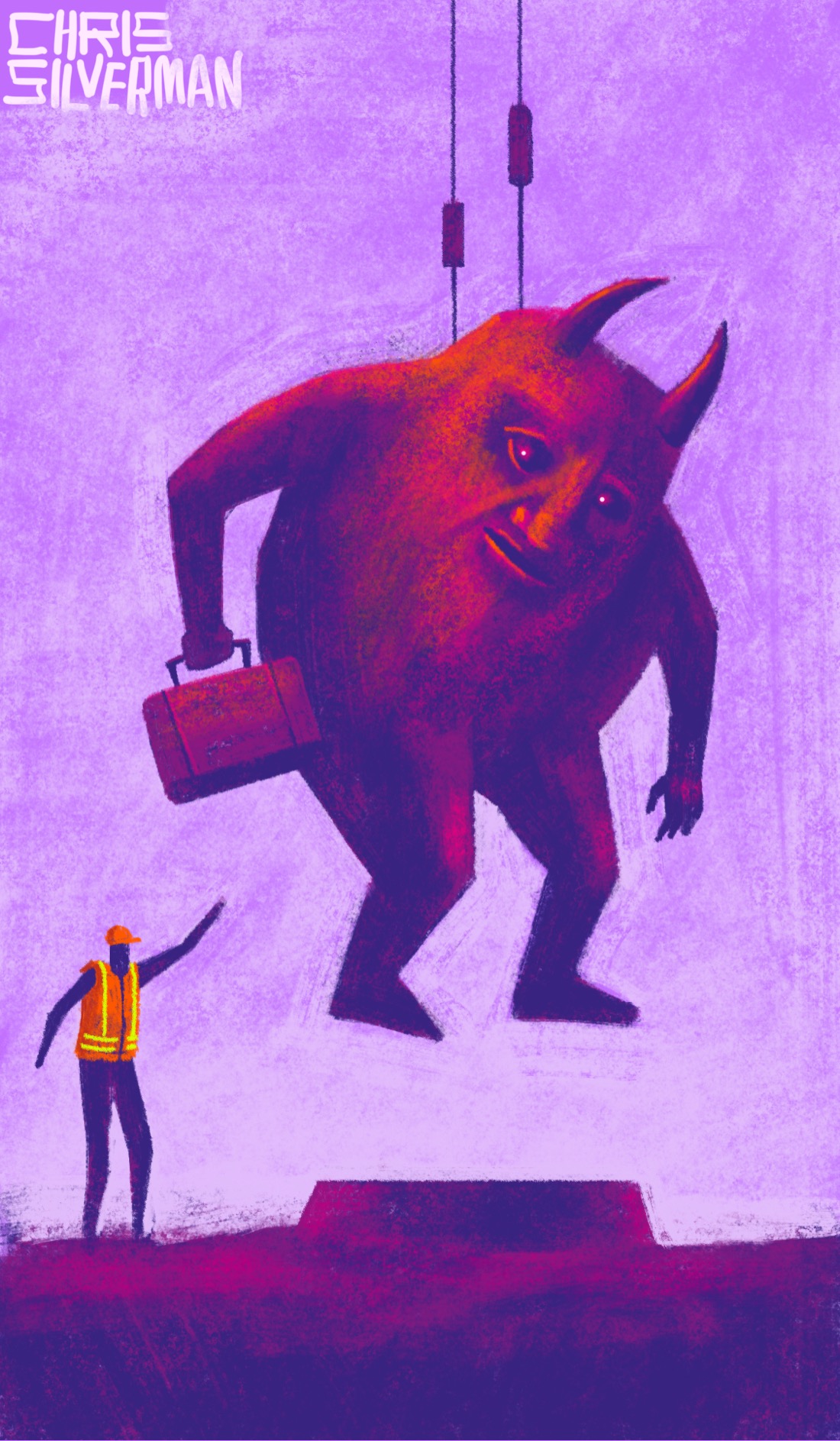 A flat, barren expanse with a small platform in the middle. A large, horned monster is being lowered onto the platform, probably via a crane. The monster is a purplish orange and is holding a suitcase. To the left of the monster stands a figure wearing an orange helmet and construction vest with reflective yellow stripes. The figure is directing the crane. The ground is a dark purple; the sky is lavender. The painting is signed "Chris Silverman".