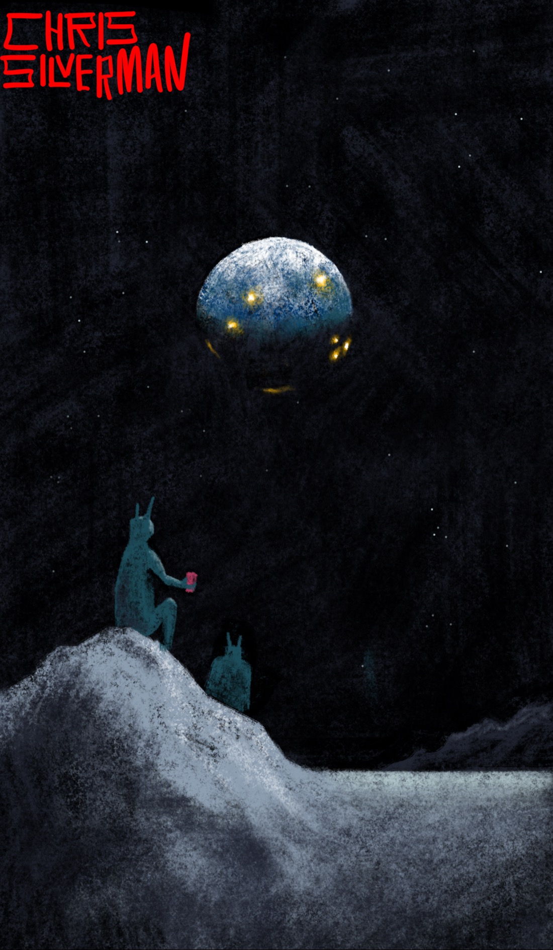 Two green creatures with antennae sit on a small rocky hill on the surface of the moon. One is holding a red cup. They're watching the earth, surrounded by black starry space, with several bright orange explosions dotting its surface. The painting is signed "Chris Silverman".