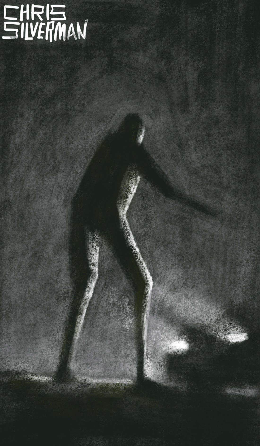 A dark, gray night. In the foreground, a figure stands with its arms out, confronting the blazing white headlights of a car. This is a dark, blurry painting with ominous overtones. The painting is signed "Chris Silverman".