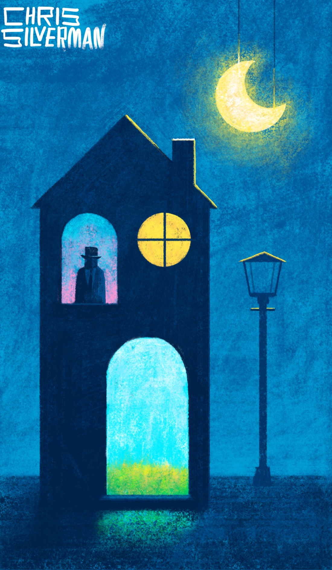 A darkened blue area that suggests a stage. There is a house, although it looks like a stage prop. The house has an arched doorway that reveals a different world: a bright blue sky, green grass, and yellow flowers. Above, on the second floor, is an arched window with another different scene: another blue sky, this time with pink. A dark figure wearing a suit and top hat stands in that window. To the right of that window is a round yellow window. To the right of the house is a Victorian lamppost, which also looks like a prop. Above it is a glowing yellow crescent moon, which is very clearly a stage prop, as it is hanging from strings. The painting is signed "Chris Silverman".