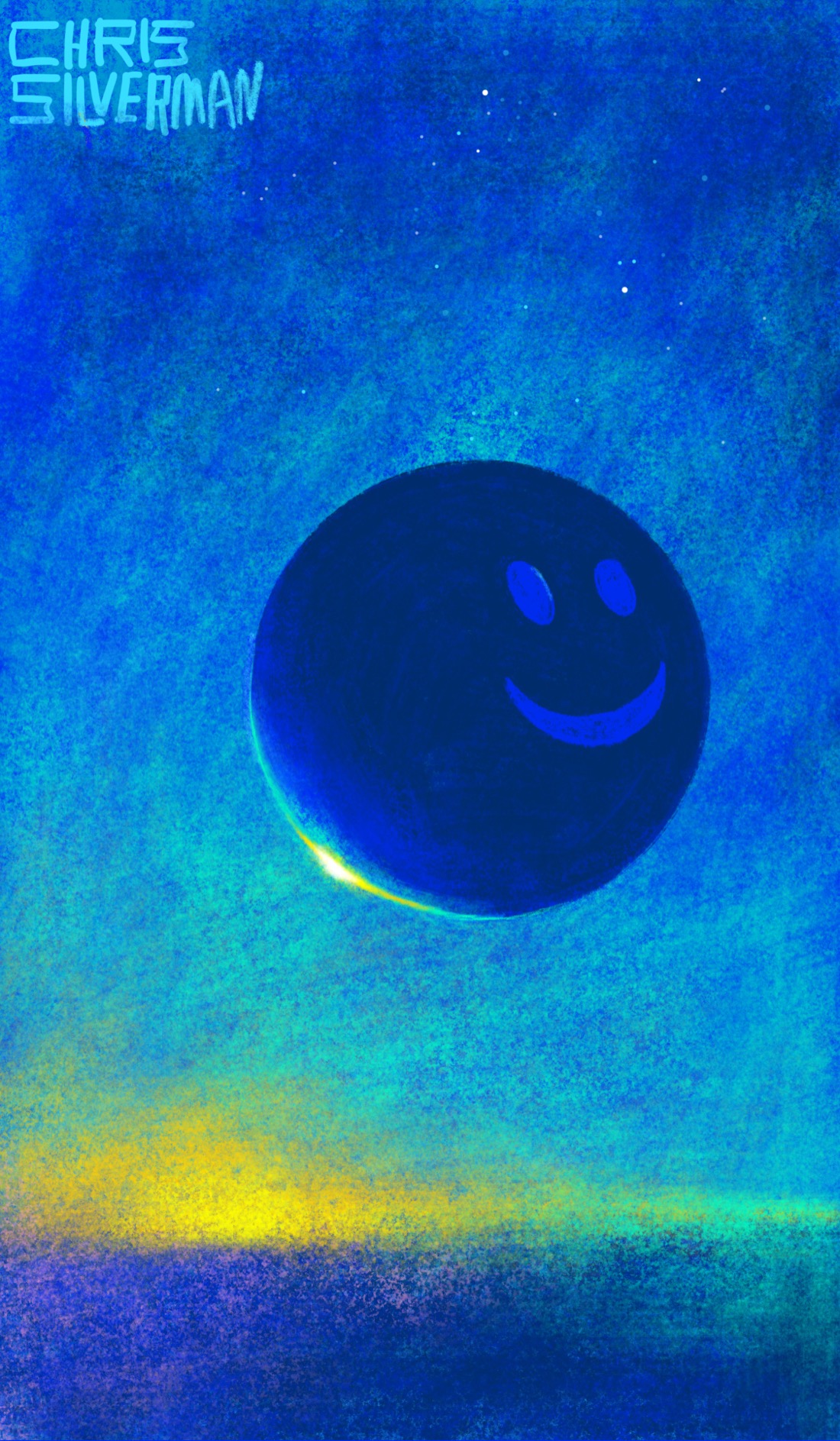 A dark blue night sky with a speckling of stars, a flat and darker blue ground, and a greenish-gold glow on the blurry horizon. Hovering in the sky is a large dark blue sphere, its left edge reflecting the gold light from the horizon. On the darkest side of the sphere is a blue smiley face. The painting is signed "Chris Silverman".