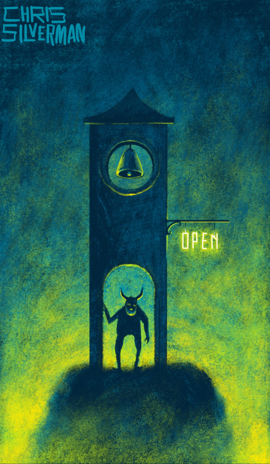 A figure with horns stands inside an archway of a tower. The tower is on a small, dark island surrounded by mist.  At the top of the tower is a circular opening with a bell inside it. A yellow neon sign reading "OPEN" hangs from the right side of the tower. The sky is dark blue, with a bright neon yellow-green glow coming from below. The painting is signed "Chris Silverman".