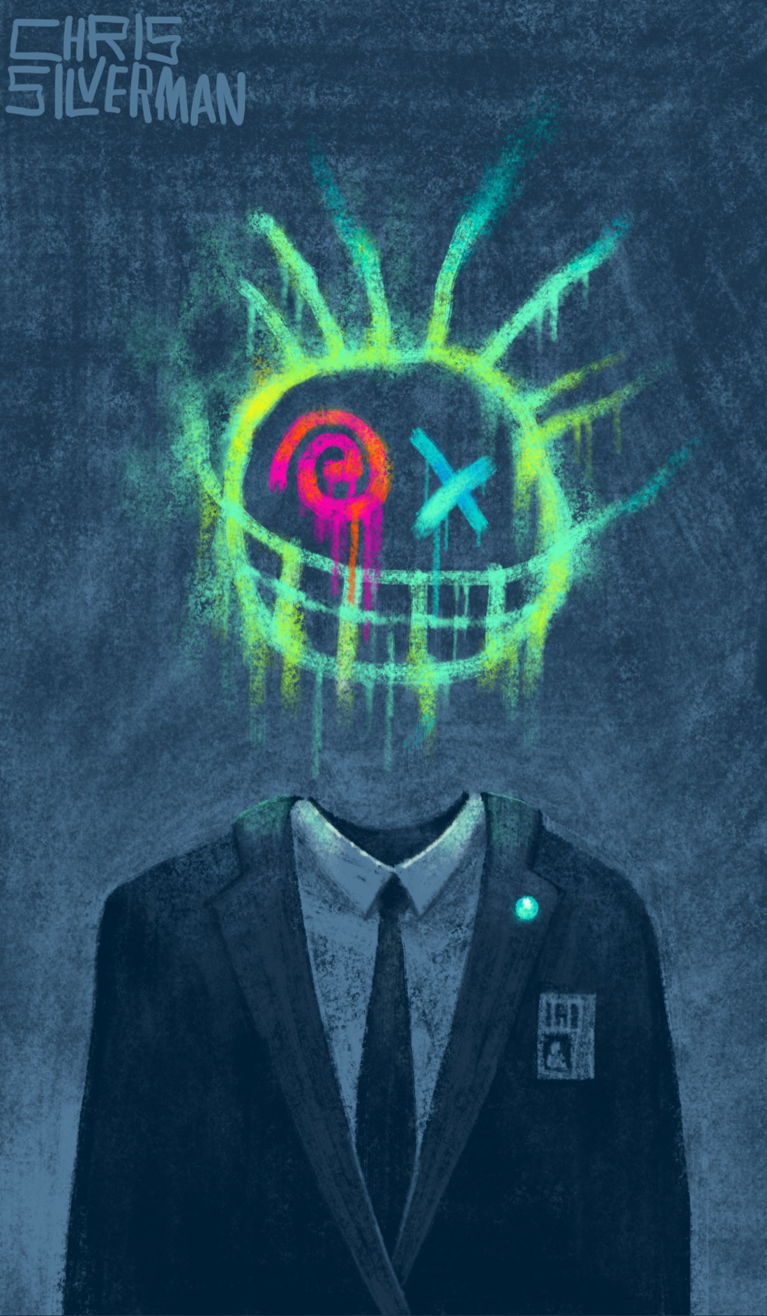 A figure without a visible head stands against a dark background. The figure is wearing a suit. The suit is black with a white dress shirt and black tie. A blue glowing pin is attached to the left jacket lapel. The figure is also wearing an ID badge. Where the head would be, there is a glowing, neon-green spray-painted face featuring a hot pink spiral and a blue 'X' for eyes, and a wide grin that drips down from its edges. Wild hair sticks off from the side. The painting is signed "Chris Silverman."