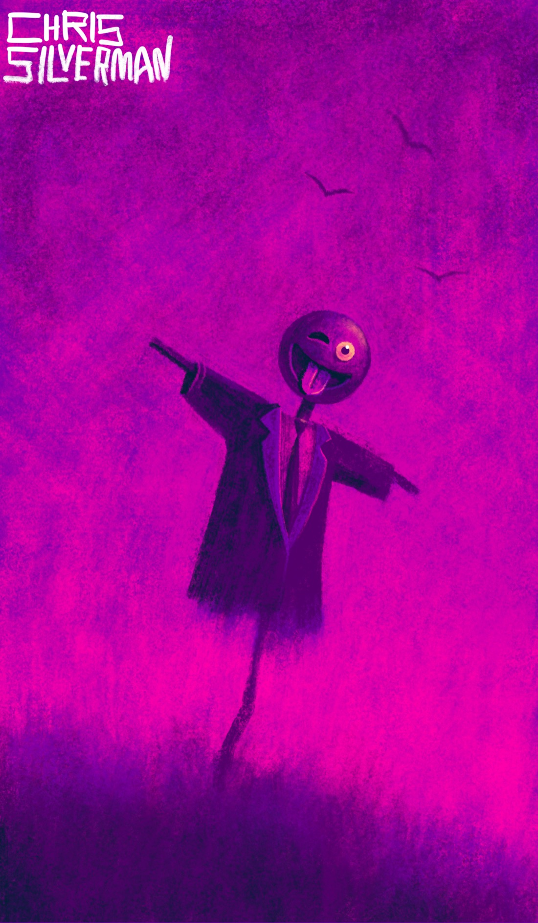 A scarecrow stands in the middle of a purple field under a crimson sky. The scarecrow is wearing a coat and tie. Its head is the winking-and-sticking-tongue-out emoji. A few birds drift overhead. The painting is signed "Chris Silverman".