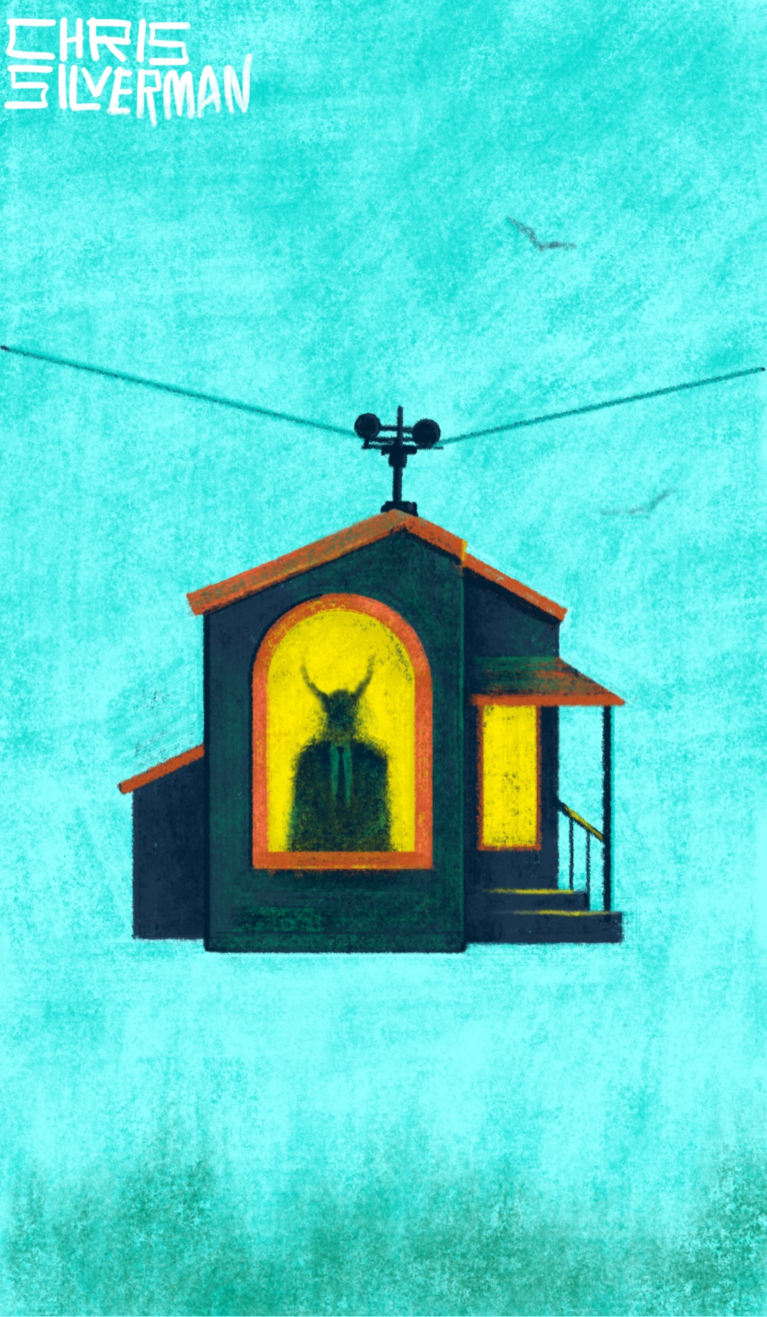 A cable car suspended in a blue sky. The car looks like a small house with a pointed roof, a porch, and a large window framed in orange. Inside the window, there is a dark silhouette with horns. The exterior walls of the house are a dark green. The windows glow with yellow light. The sky is blue, with a few birds. Below is the blurry green suggestion of a treeline. The painting is signed "Chris Silverman".