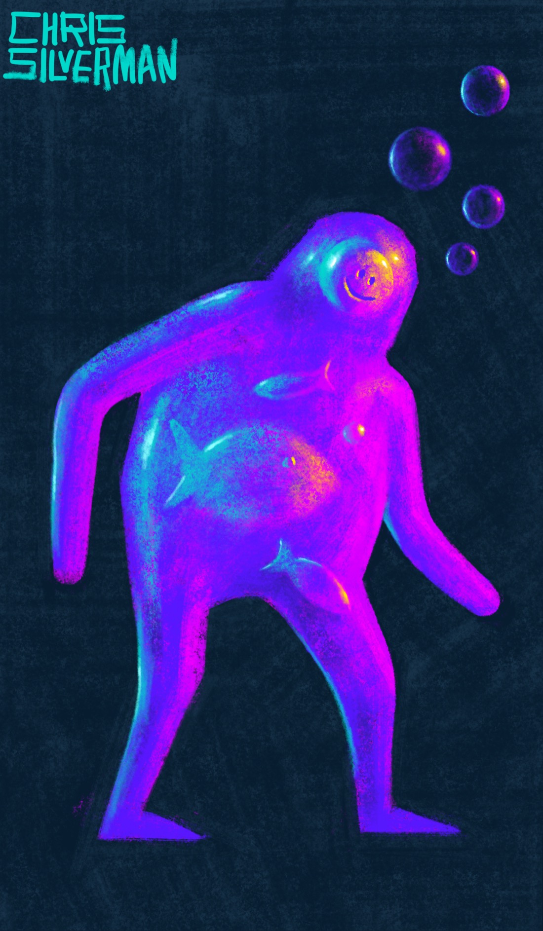 A humanoid figure stands in a dark space. The figure appears to be made of water or jelly. It's a translucent crimson pink, with the front of it brightly illuminated by pink light and the rear side illuminated by neon blue light. A few fish swim in its interior, yellow light glinting off them. In the figure's head is a spherical smiley-face emoji. Rising up from the front of the figure's head are a few blue and pink bubbles. The painting is signed "Chris Silverman".