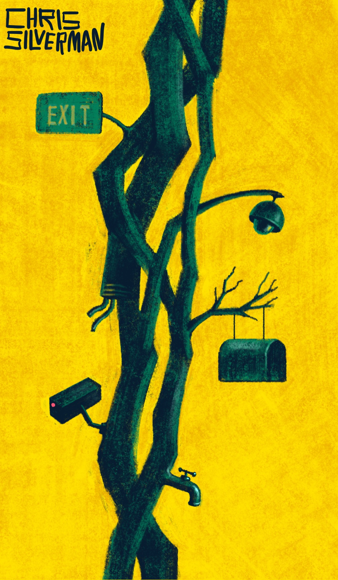 Several thick, greenish, entangled vines stretch from the bottom of the image to the top. The sky behind is yellow. Sticking off from the vines are oddities: a spherical security camera; a mailbox; a highway "exit" sign; some wires; an older, boxier security camera; and a faucet. The painting is signed "Chris Silverman".