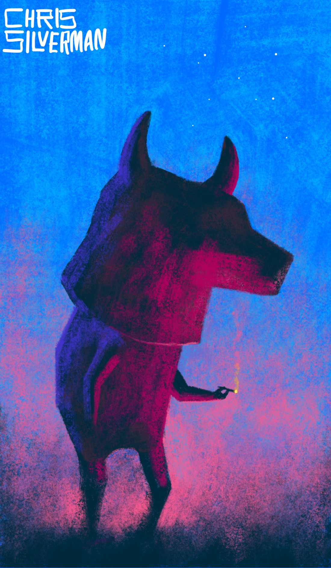 A stocky figure wearing a large bull's head stands in a field at either dawn or dusk, holding a lit cigarette. The sky is blue, with a few white stars above and bright pink clouds on the horizon. The figure is silhouetted, but illuminated in a deep red on the front and a darker indigo on the back. Its eyes are in shadow. The painting is signed "Chris Silverman".