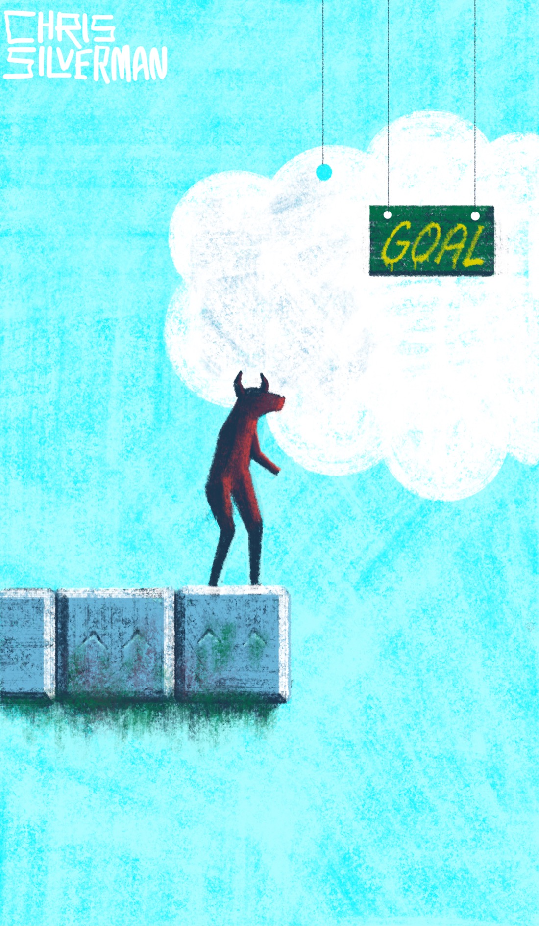 A humanoid figure with a bull's head stands on the end of a set of square stones floating in a blue sky. The stones are gray and beveled, and look like those from a Nintendo game. They are covered with grime and lichen, and have greenish moss hanging off them. In front of the bull, suspended from strings, are a white cartoonish cloud with sharply defined round edges, and a small green sign with "Goal" written on it in yellow letters. The painting is signed "Chris Silverman".