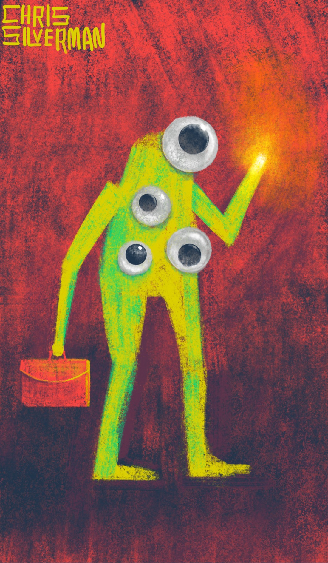 A yellow humanoid figure stands against a brick-red/brown background. The figure has four googly eyes stuck to its body at various points. In its right hand, it is carrying a red briefcase. Its left hand is raised and glowing a yellow-white. Where its face would be is a large googly eye. The painting is signed "Chris Silverman".